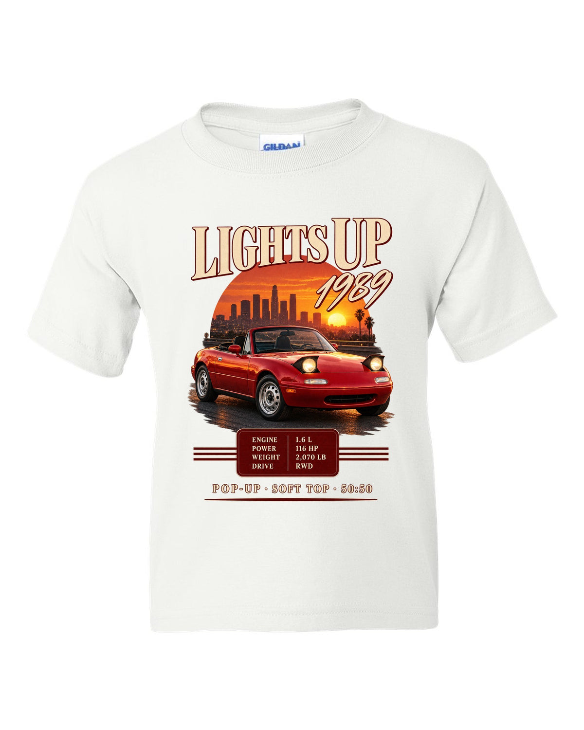 Archive panel print for the 1989 Mazda MX-5 NA with 116 HP, 2,070 lb and pop-up headlight specs white kids tee front view with the design
