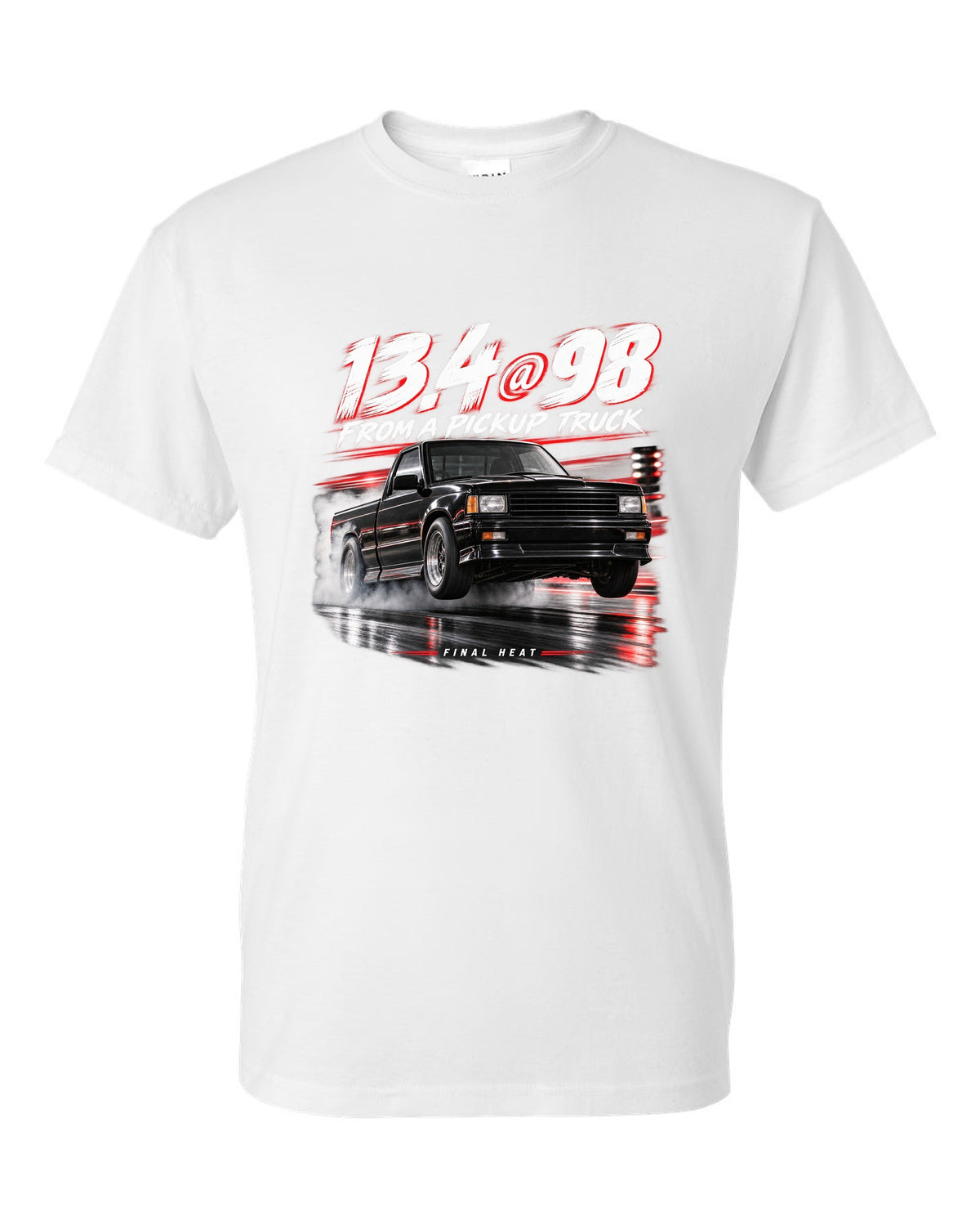 1991 GMC Syclone quarter mile race poster print white t-shirt front view with the design