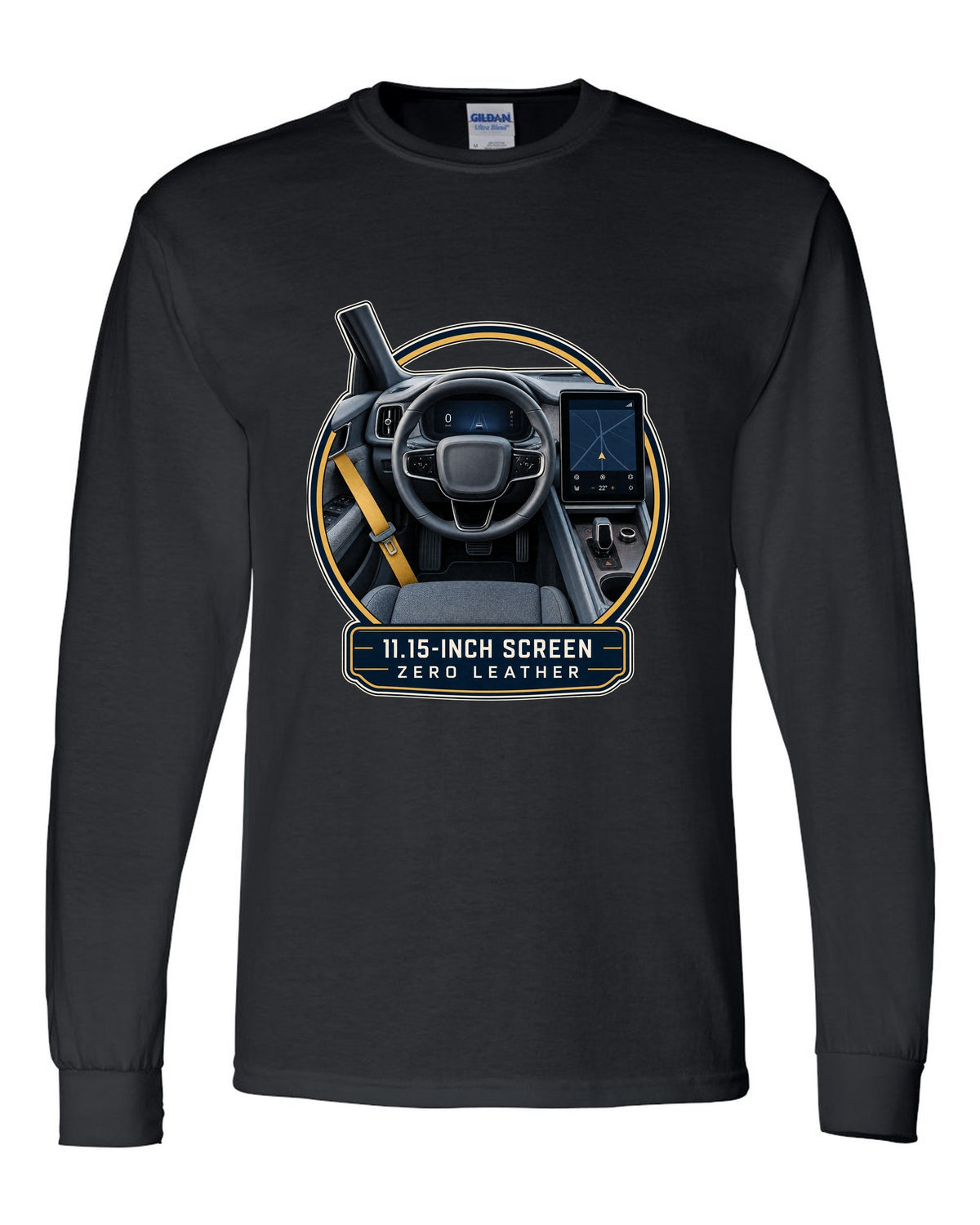 Polestar 2 cockpit with large centre screen, print design black long sleeve front view with the design