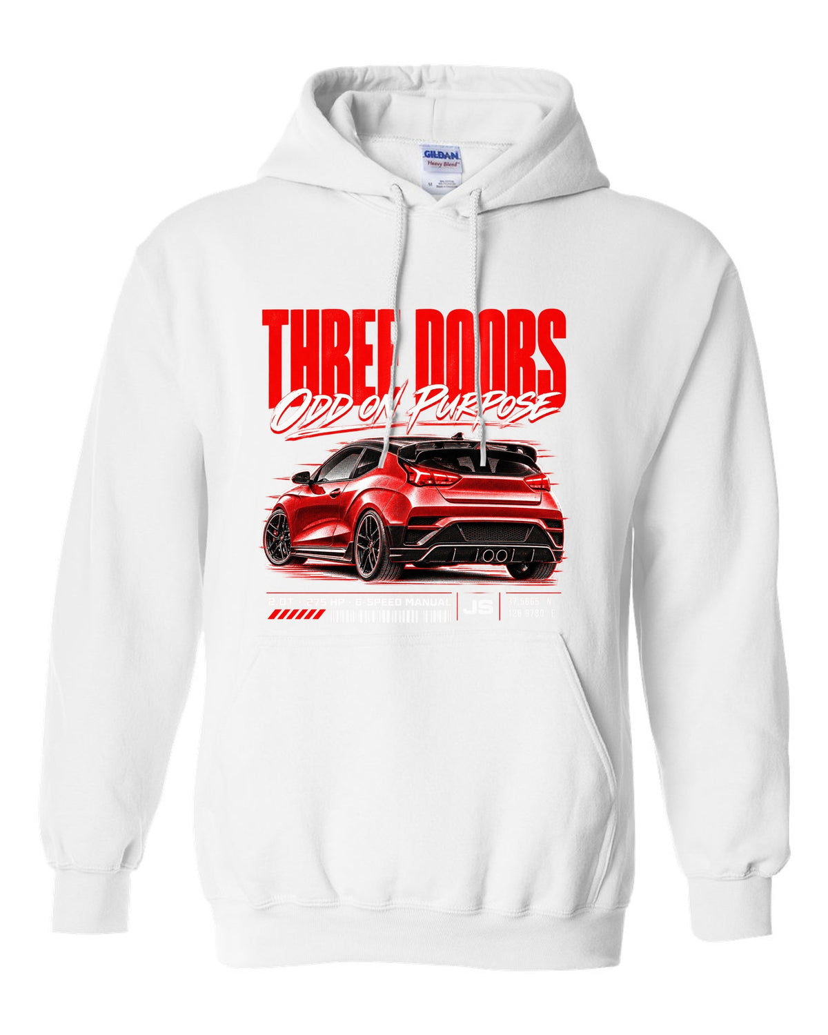 Hyundai Veloster N JS street poster with three doors odd on purpose text white pull over hoodie front view with the design