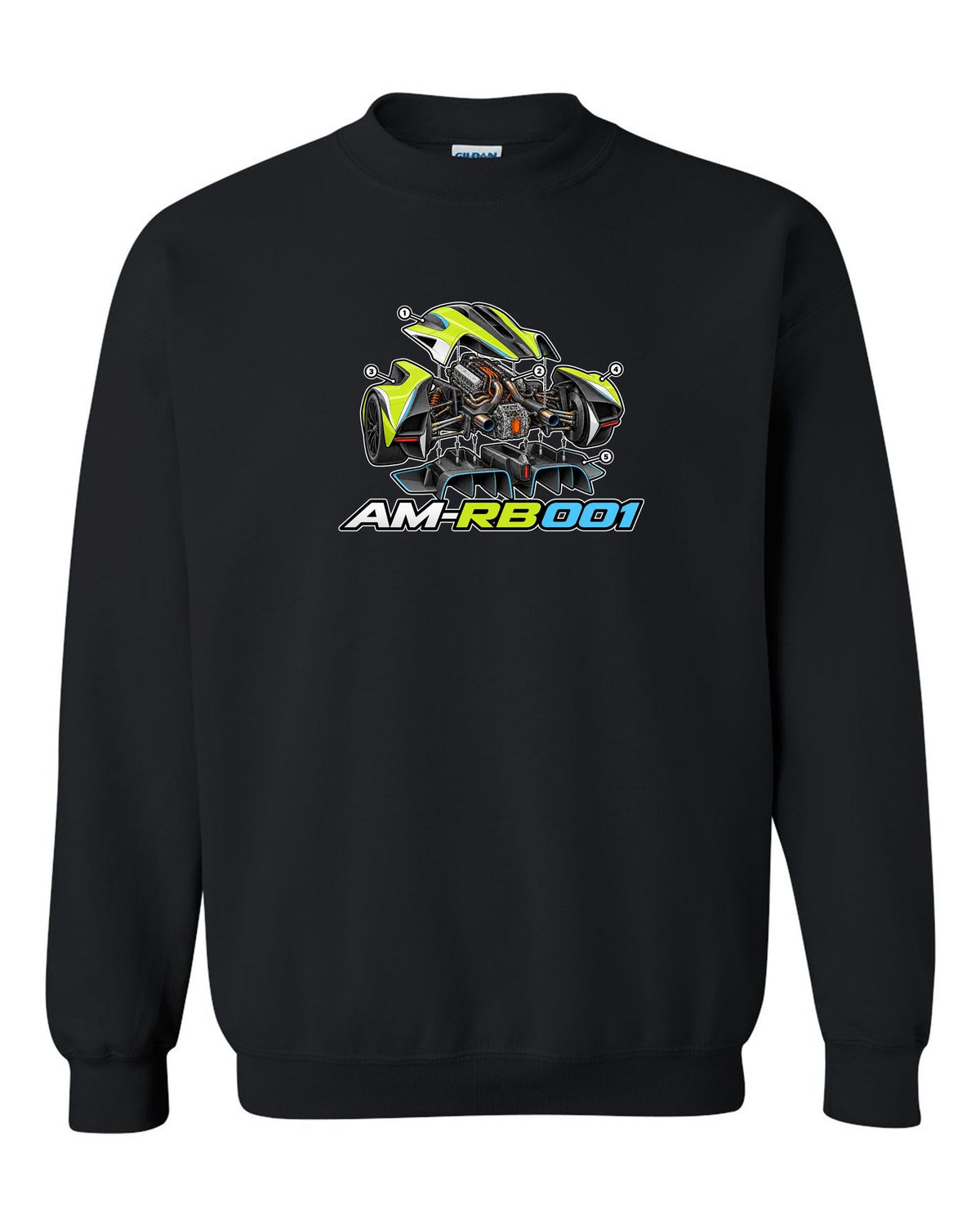Aston Martin Valkyrie exploded isometric cutaway labelled AM-RB 001 black crewneck front view with the design