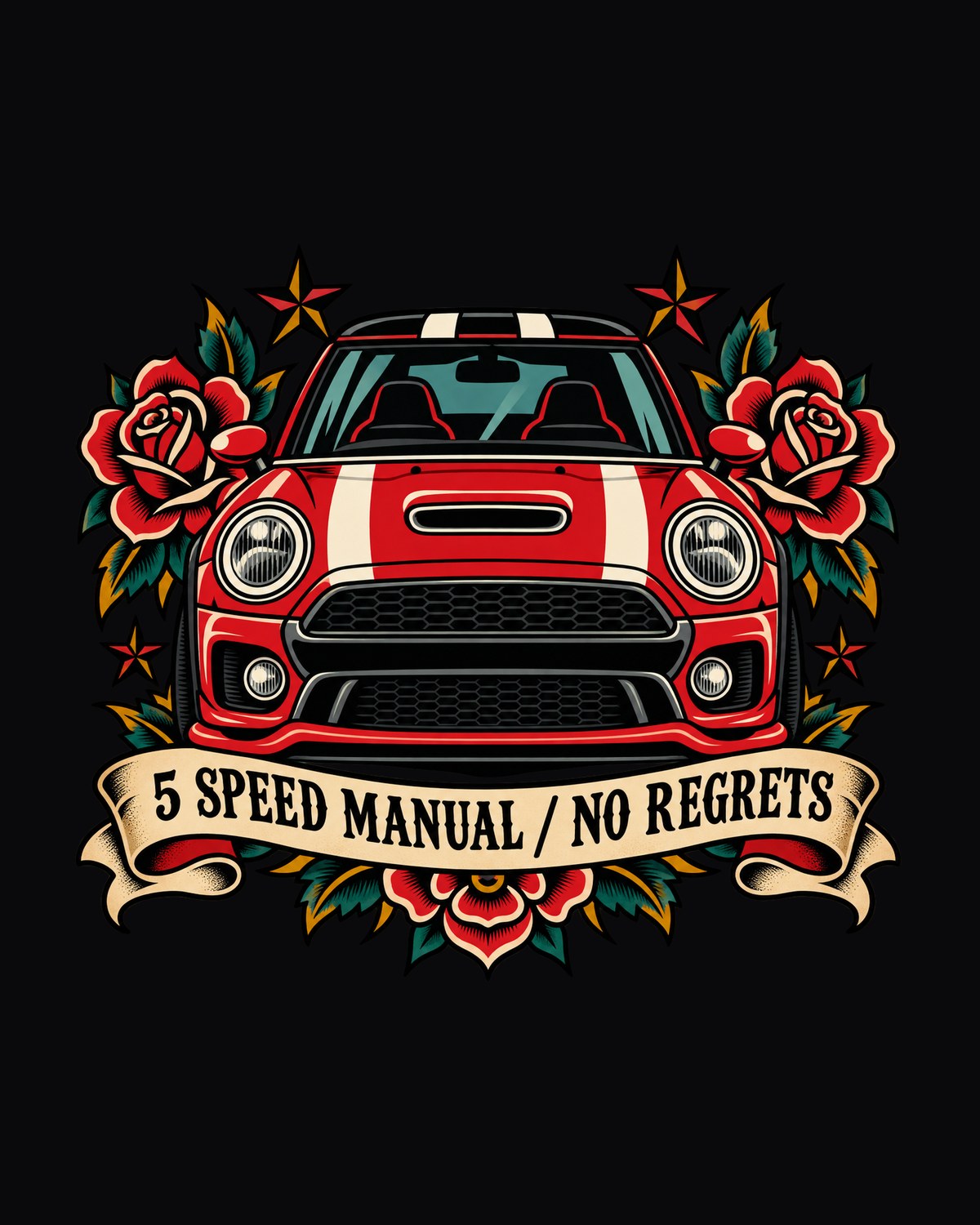 Fiat 500 Abarth Tattoo Flash Shirt, 5 Speed Manual No Regrets design only