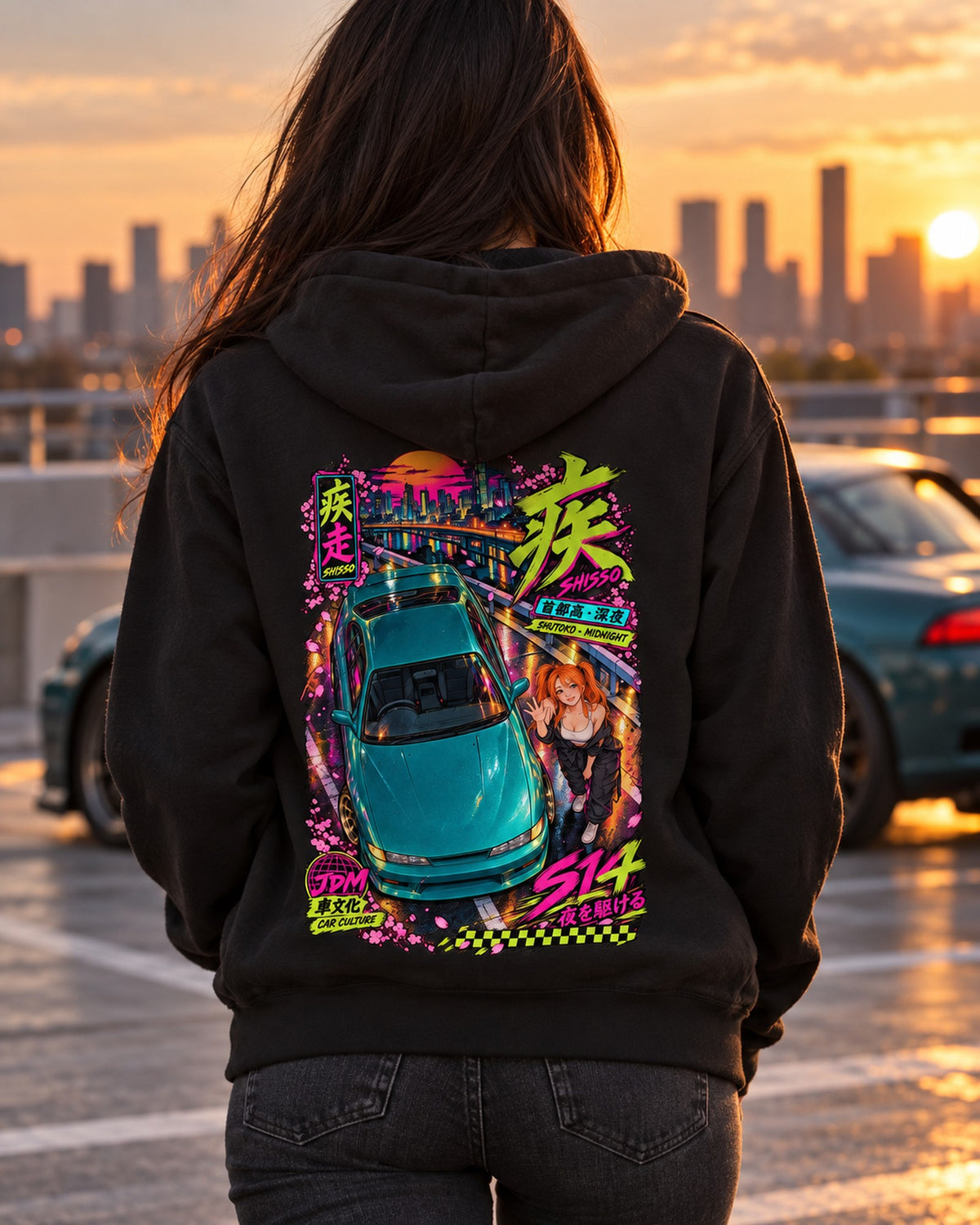 SHISSO S14 Anime Girl Full-Back Graphic Tee Zip Hoodie Black worn hero