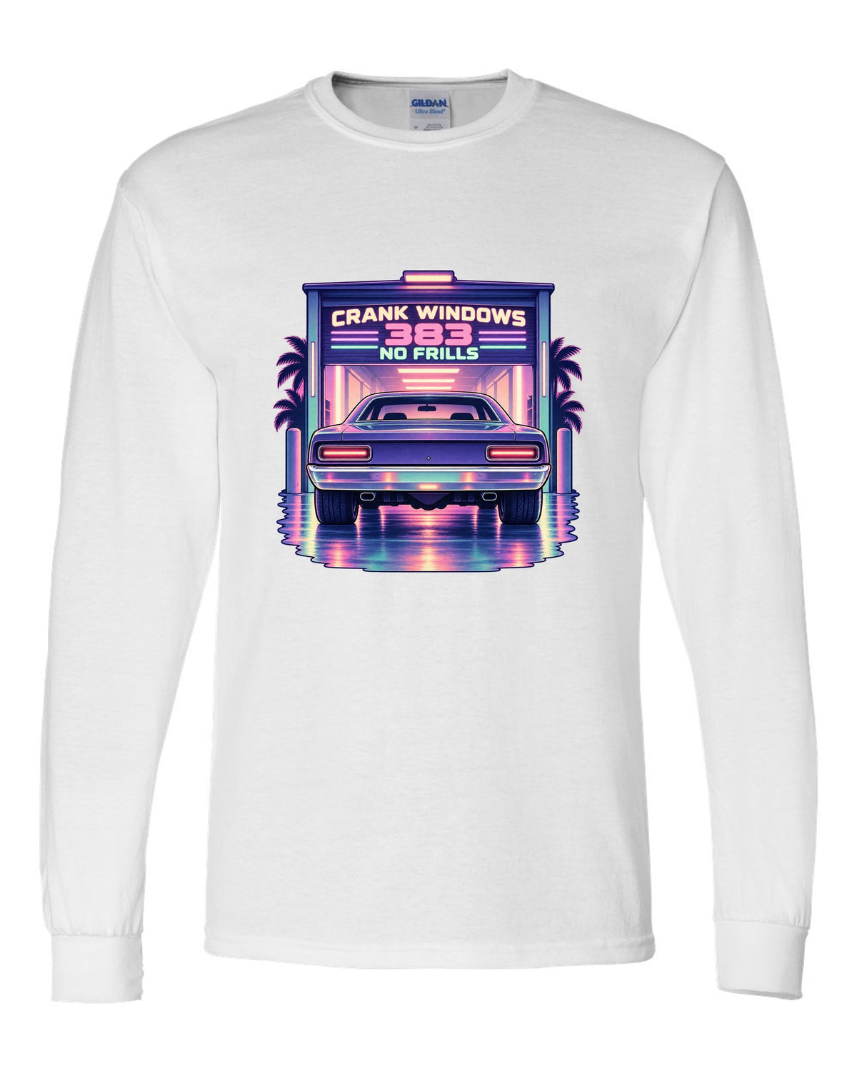 Vaporwave pastel night garage with a 1970 Plymouth Road Runner and 383 no frills lettering white long sleeve front view with the design