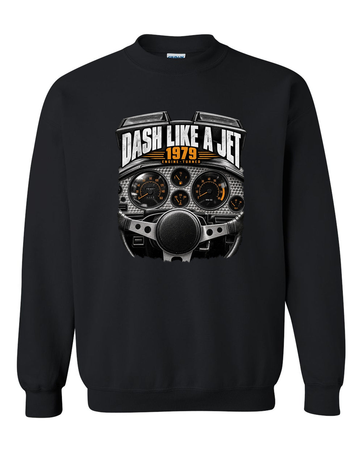 print of a 1979 Pontiac Firebird cockpit with engine-turned dash panel black crewneck front view with the design