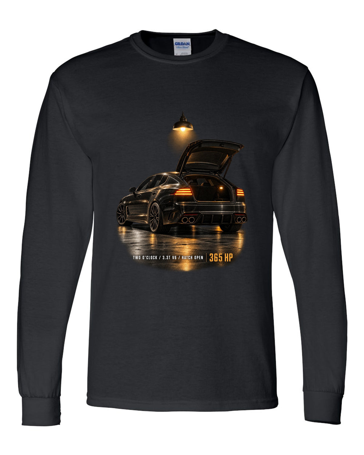 Kia Stinger GT CK garage night print with ch open and 3.3T V6 text black long sleeve front view with the design