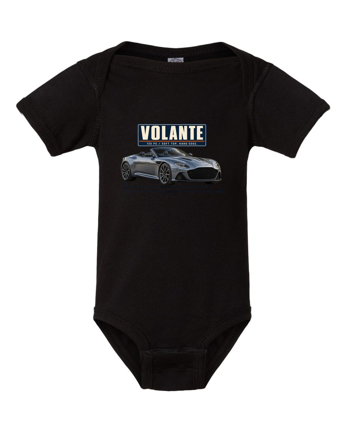 Aston Martin DBS Volante 2019 top-down editorial headline print with 725 PS text black baby onesie front view with the design