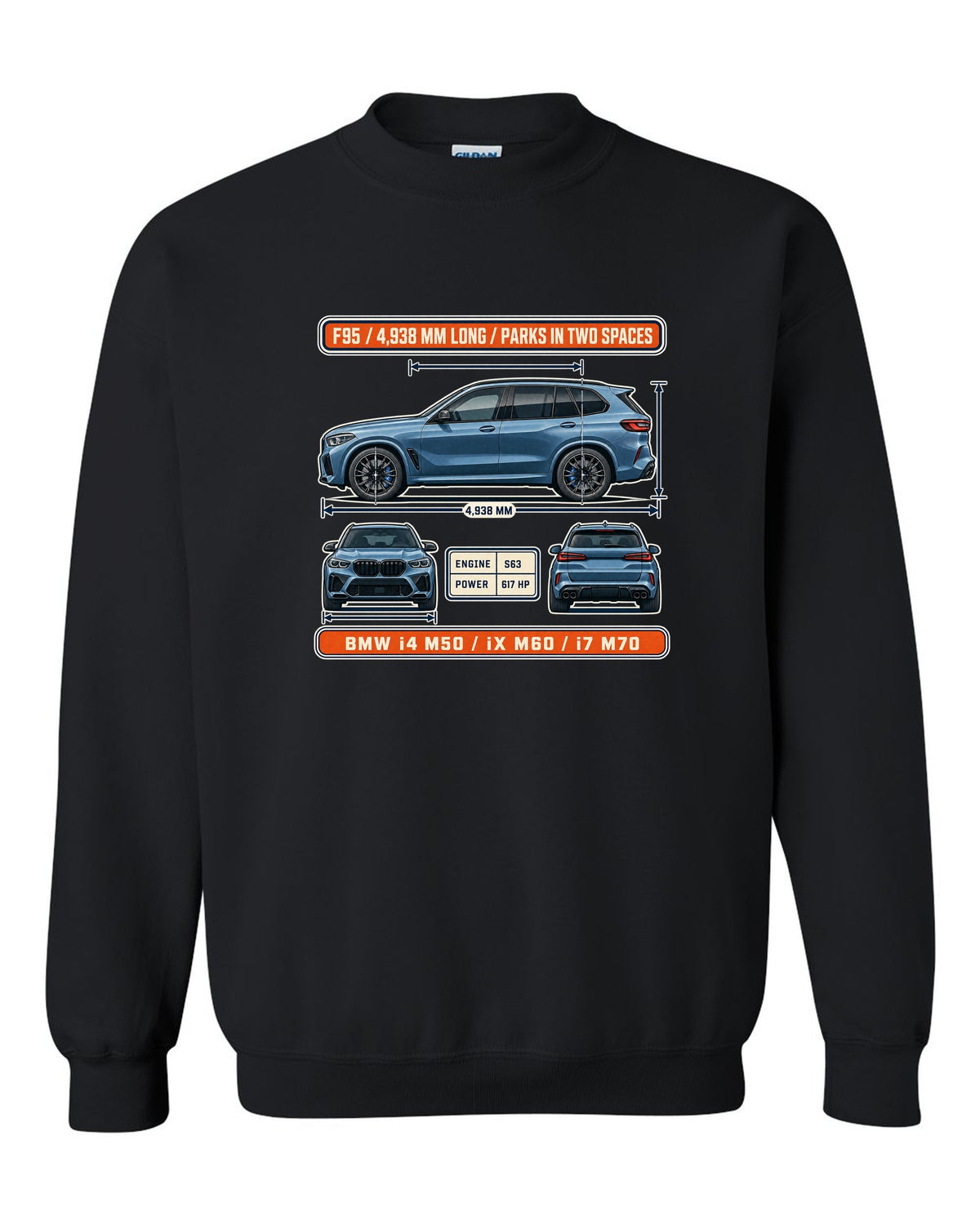 Dimension blueprint print of the BMW X5 M Competition F95 with 4,938 mm length black crewneck front view with the design