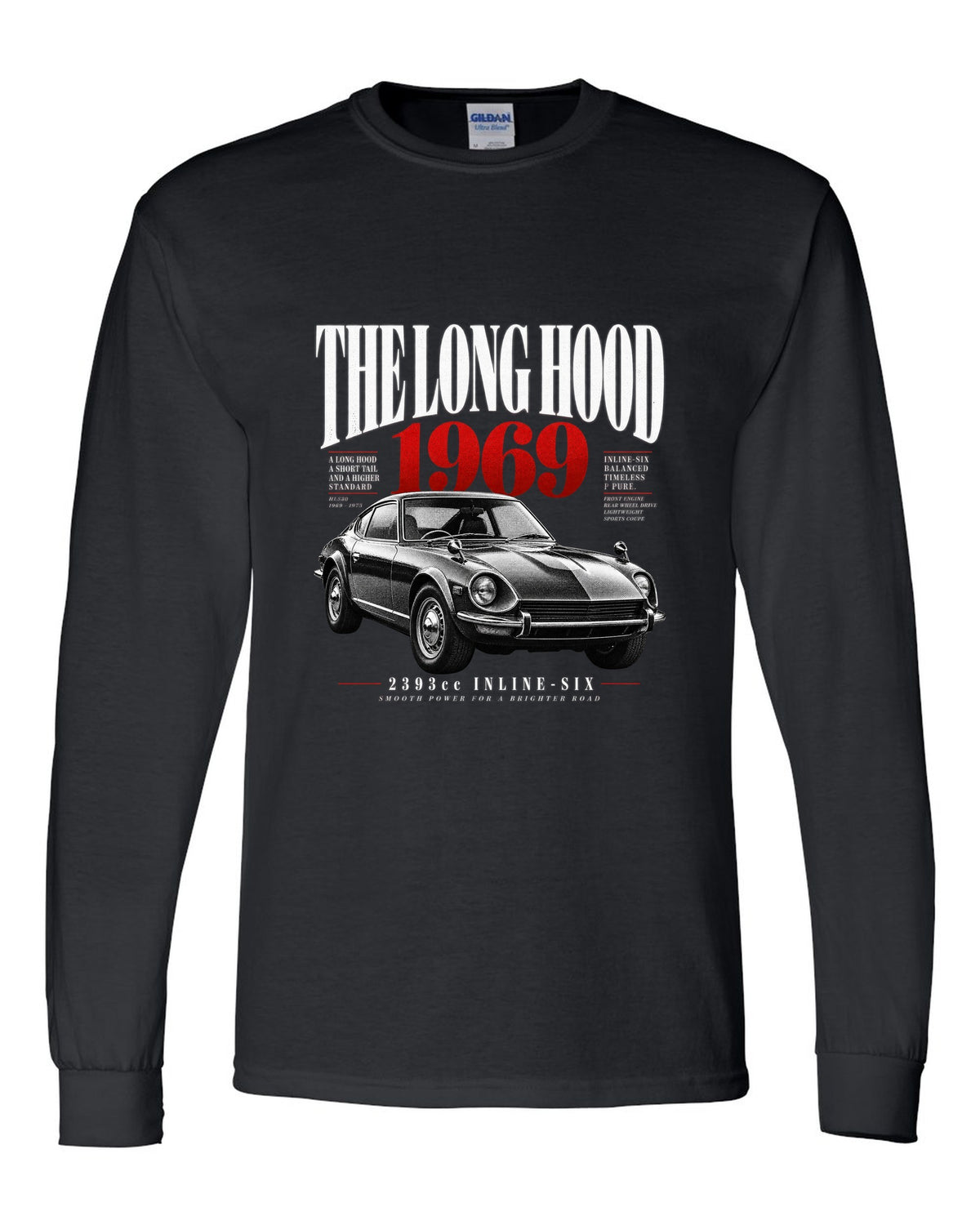 print of a Datsun 240Z HLS30 with editorial headline about the long hood and 2393cc inline-six black long sleeve front view with the design