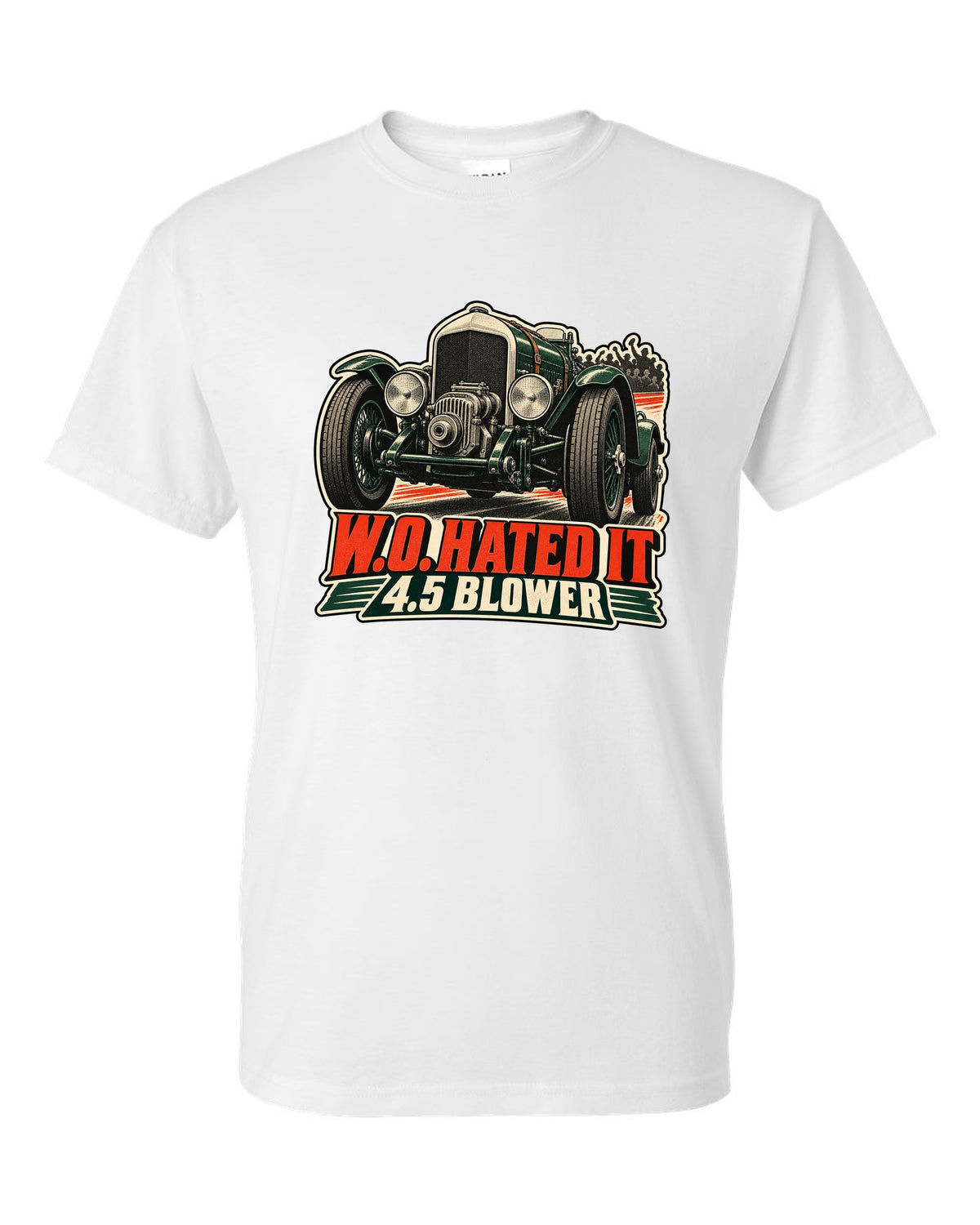 Vintage race poster style print of the 1929 Bentley 4.5 Litre Blower with W.O. lettering white t-shirt front view with the design