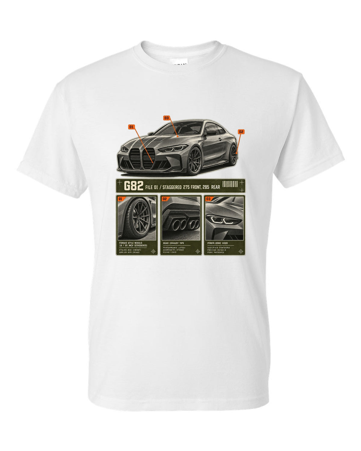 BMW M4 Competition G82 dossier panels print noting staggered 275 front and 285 rear white t-shirt front view with the design