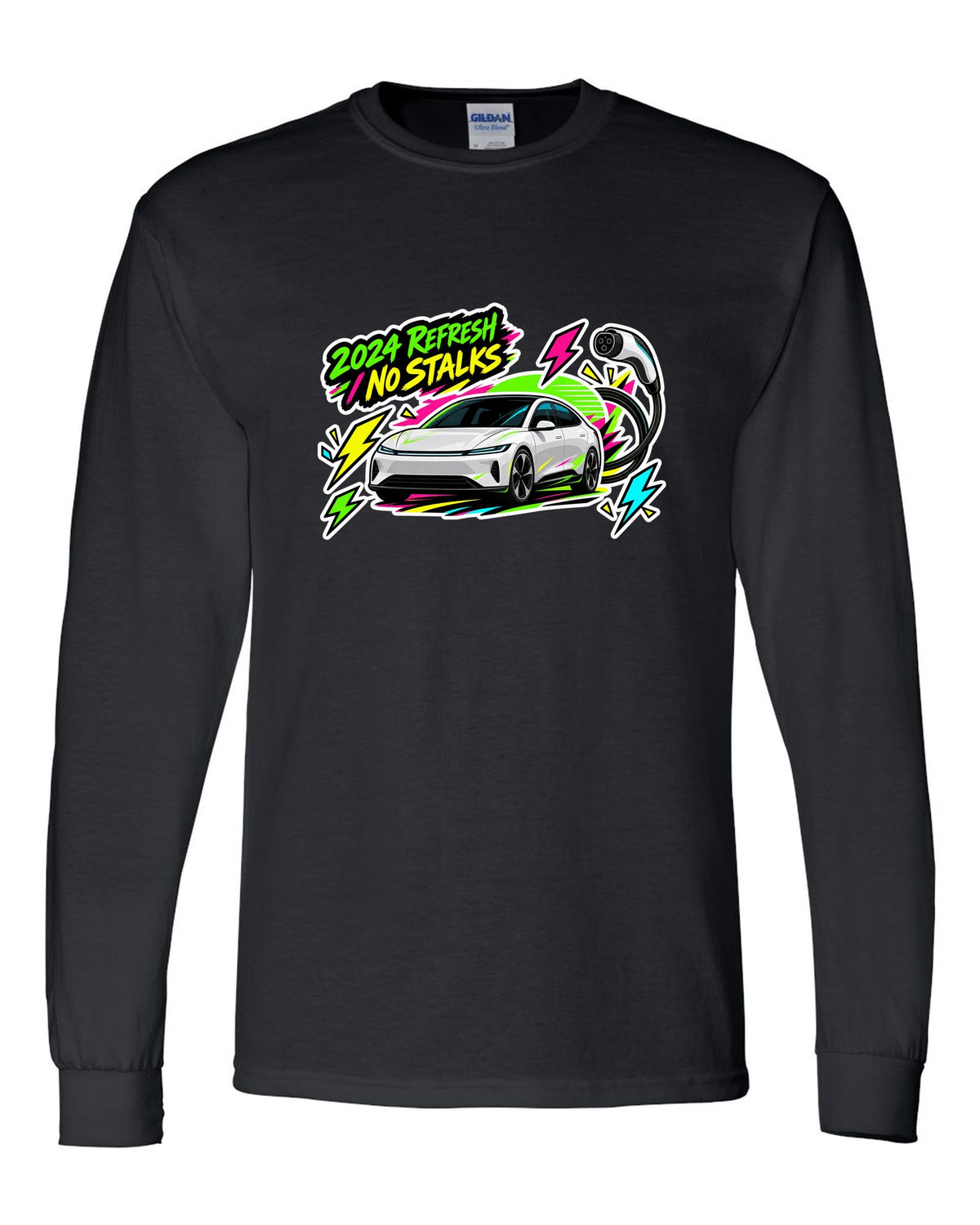 Sticker bomb collage print of a Tesla Model 3 Highland with the text 2024 Refresh No Stalks black long sleeve front view with the design