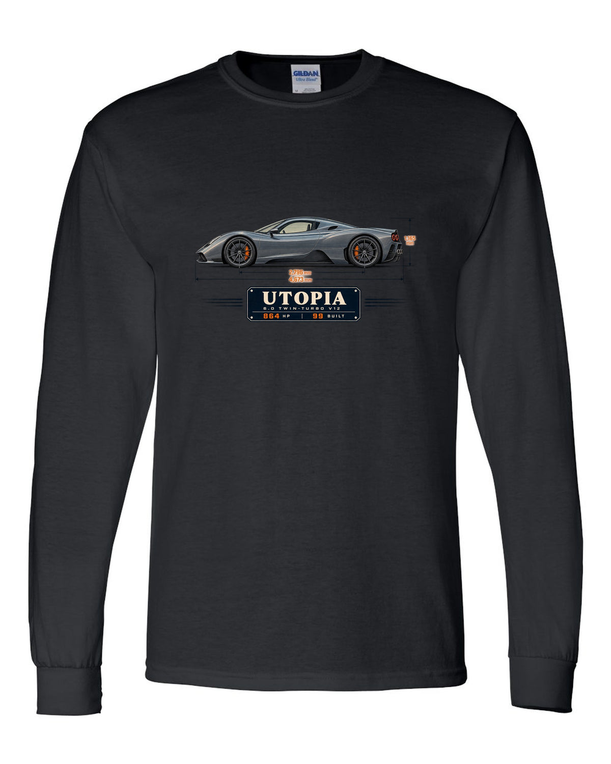 Blueprint print of the Pagani Utopia coupe with the text 6.0 twin-turbo V12, 864 hp, 99 built black long sleeve front view with the design