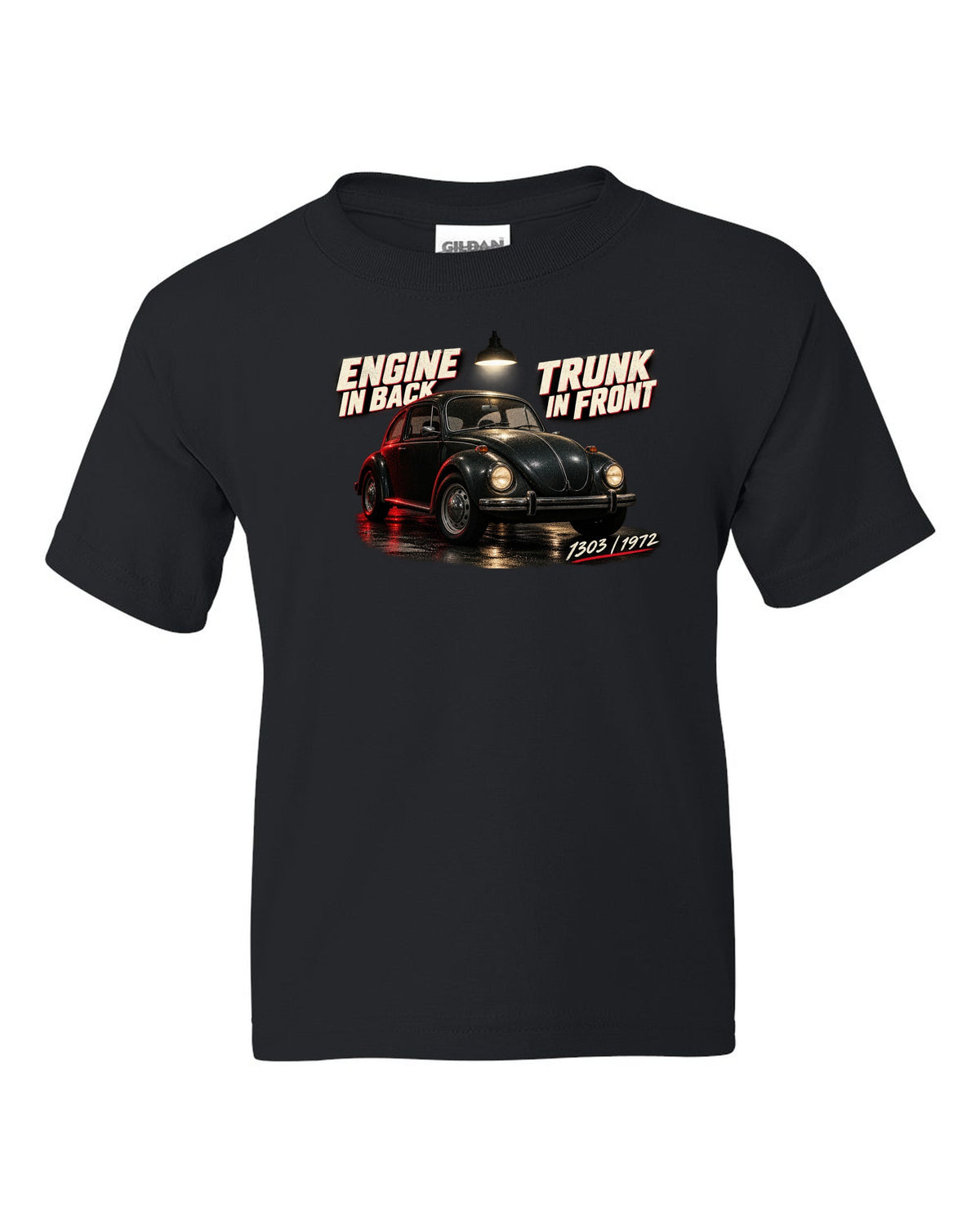 Garage night print of a VW Beetle 1303 front three-quarter with engine in back trunk in front text black kids tee front view with the design