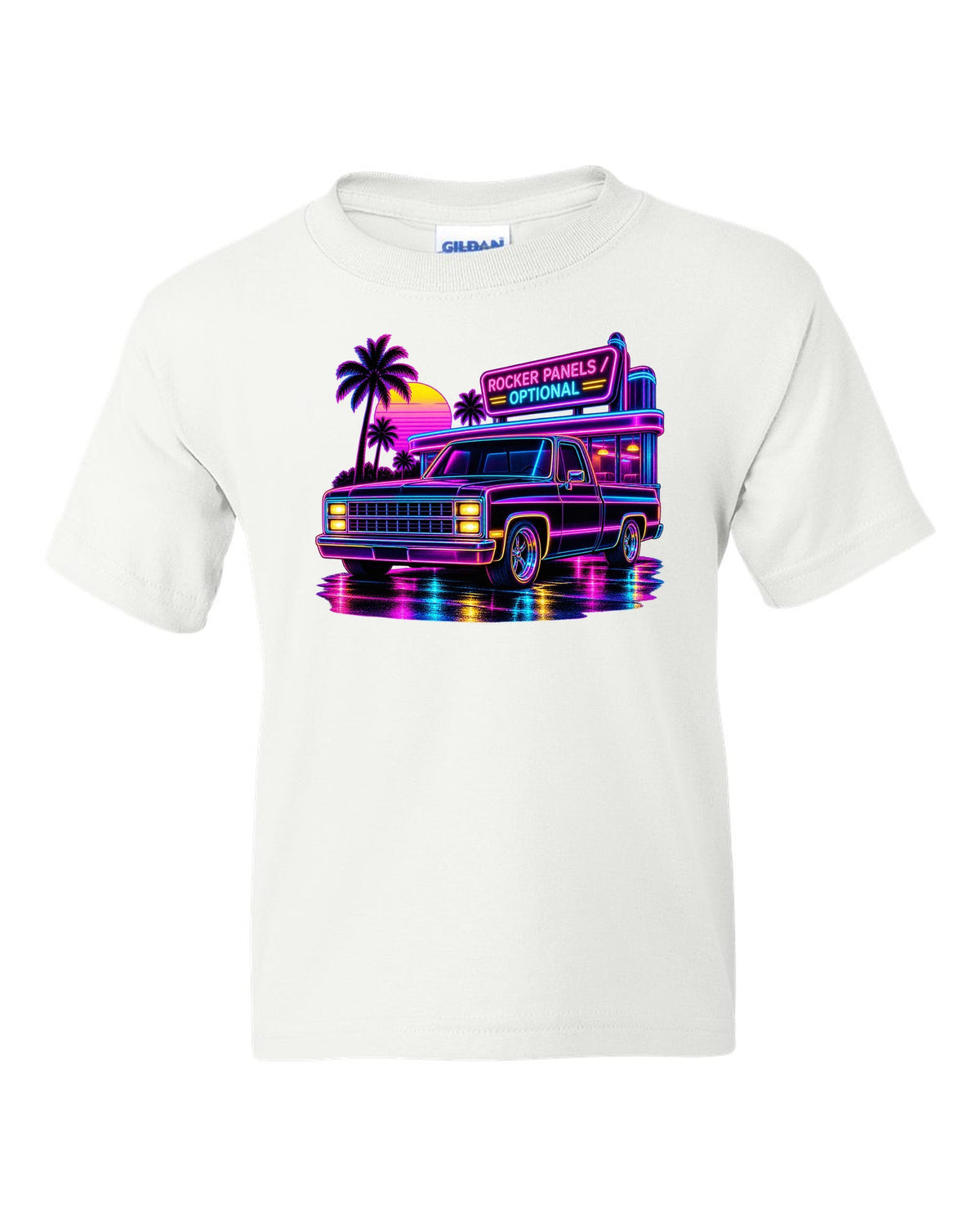 Neon synthwave line art print of a 1973-87 Chevrolet C10 Squarebody at a diner with rocker panels optional lettering white kids tee front view with the design