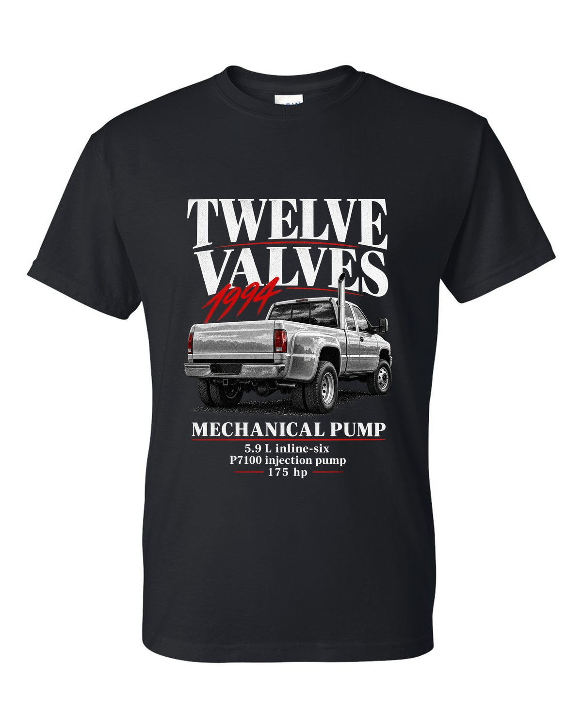 Editorial print of a 1994-98 Dodge Ram 2500 2nd gen 12-valve in a rear three-quarter view black t-shirt front view with the design