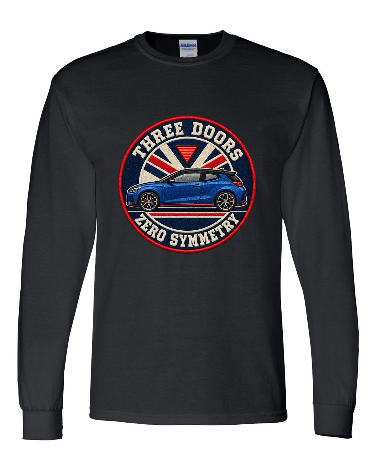 Embroidery varsity crest print for a Hyundai Veloster N JS with three doors zero symmetry text black long sleeve front view with the design