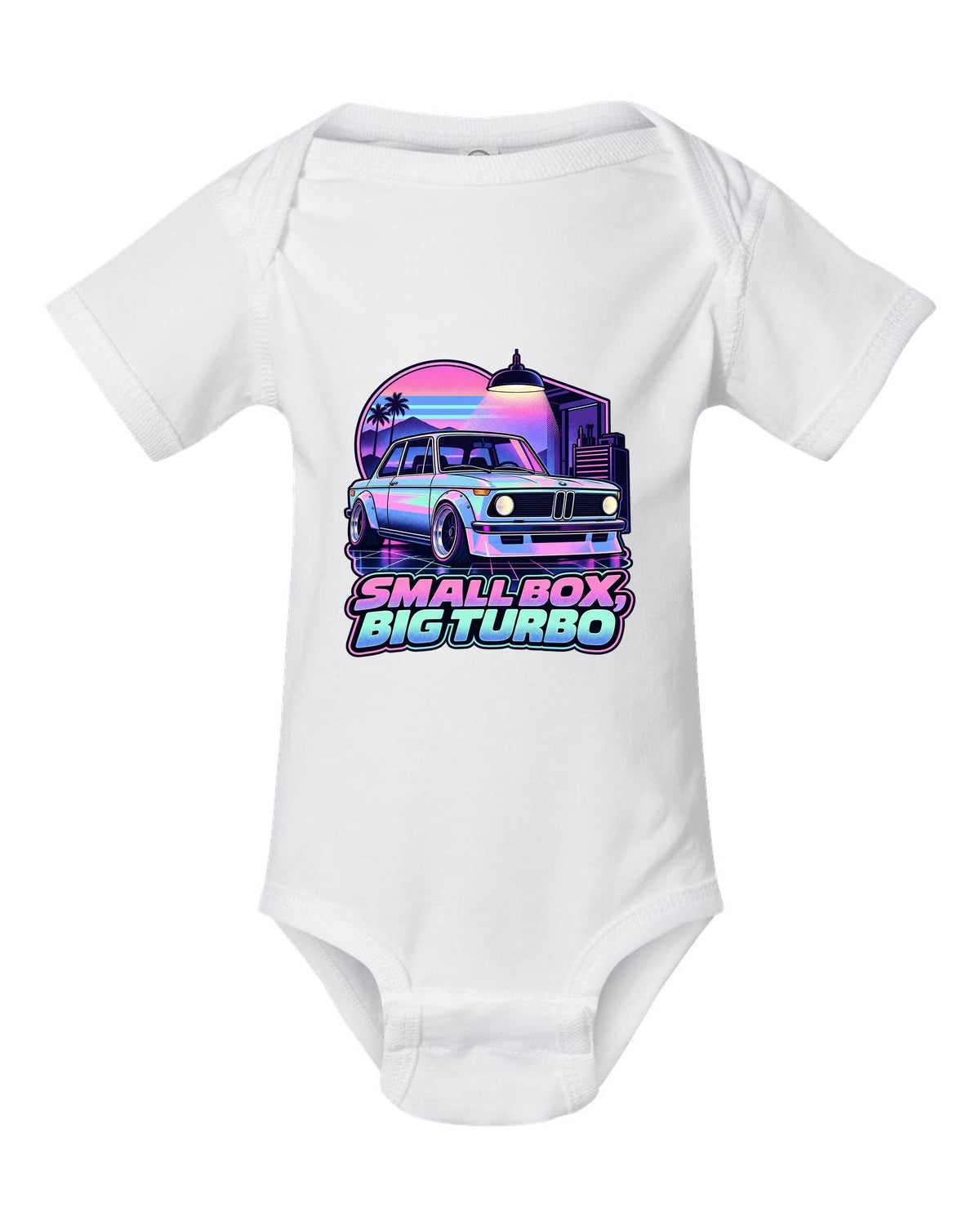 BMW 2002 turbo vaporwave pastel print with small box big turbo text white baby onesie front view with the design