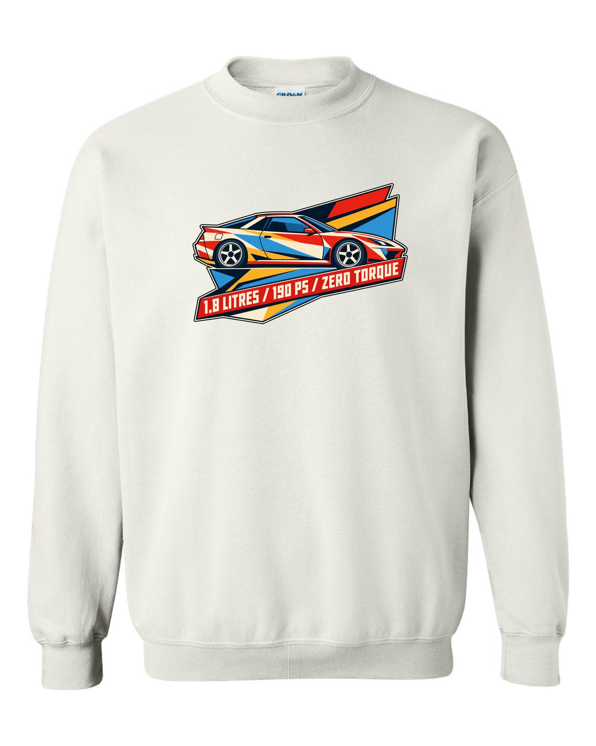 Geometric origami constructivist poster of the Toyota Celica ZZT231 with 190 PS text white crewneck front view with the design