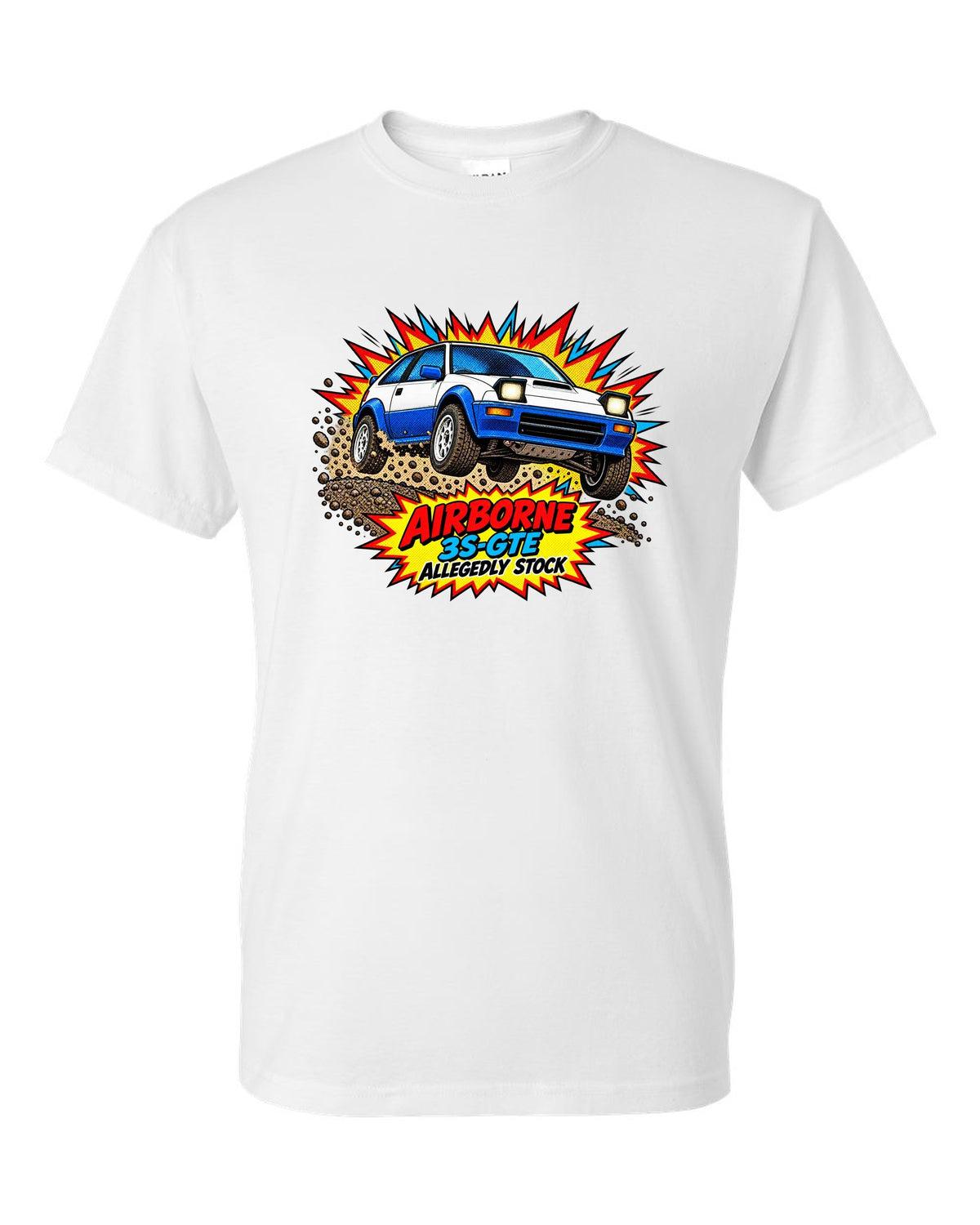Comic halftone pop art of a Toyota Celica GT-Four ST165 jumping on gravel white t-shirt front view with the design