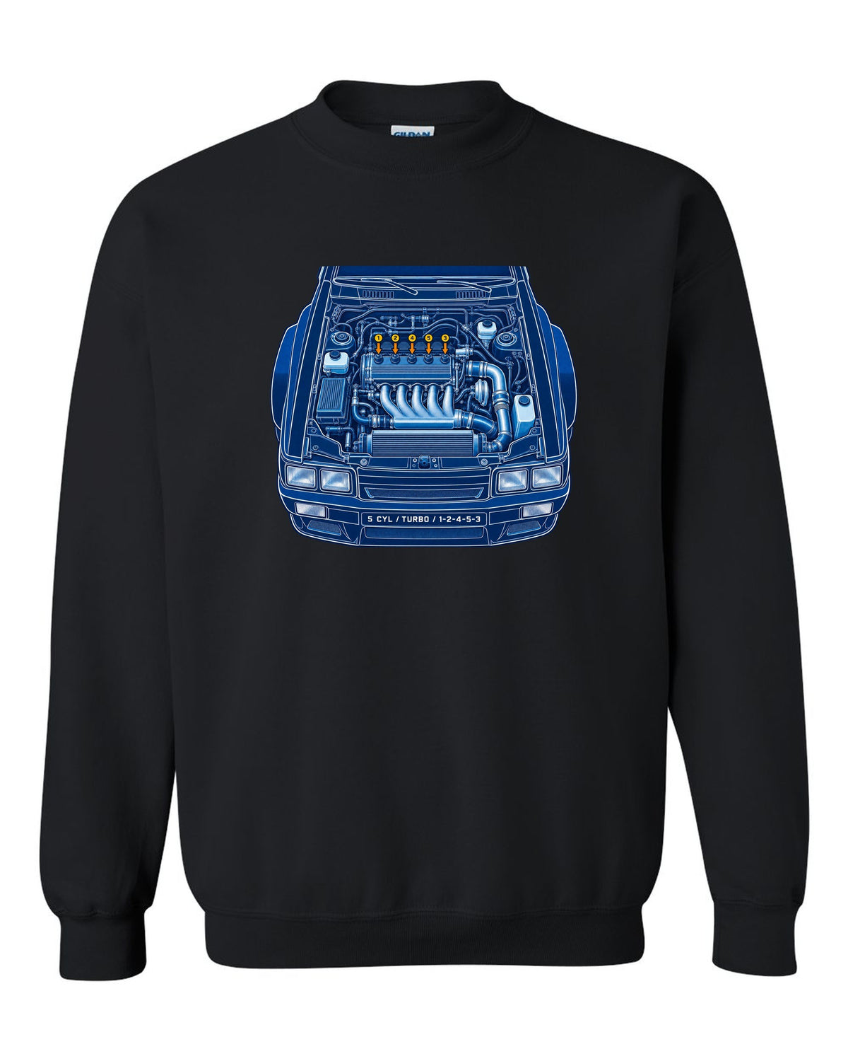 Cyanotype blueprint print of an Audi Ur-Quattro Type 85 with firing order text black crewneck front view with the design