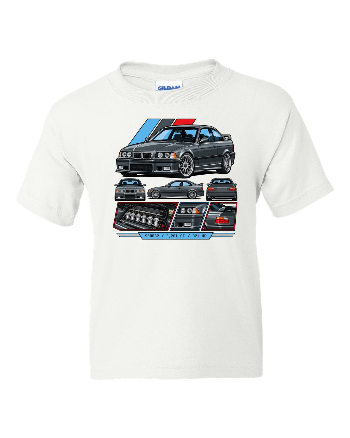 Cel-shaded anime night touge print of a BMW E36 M3 with slide now fix the diff later text white kids tee front view with the design
