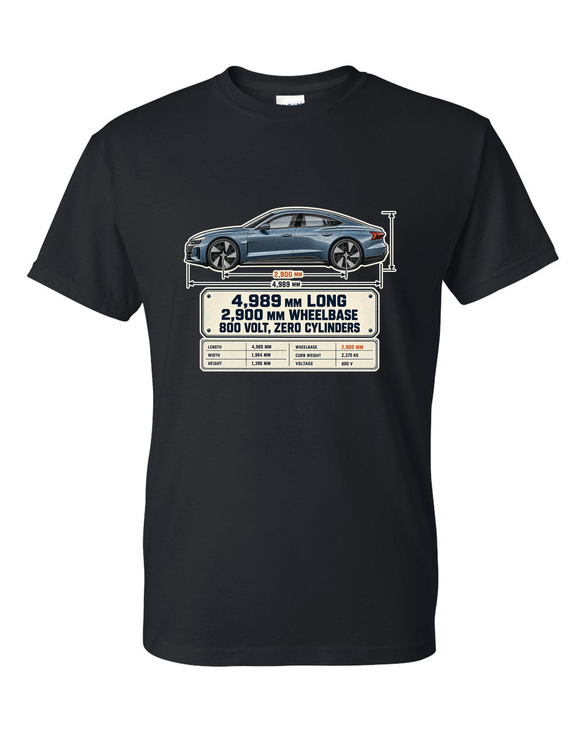 Audi RS e-tron GT J1 dimension blueprint print design black t-shirt front view with the design