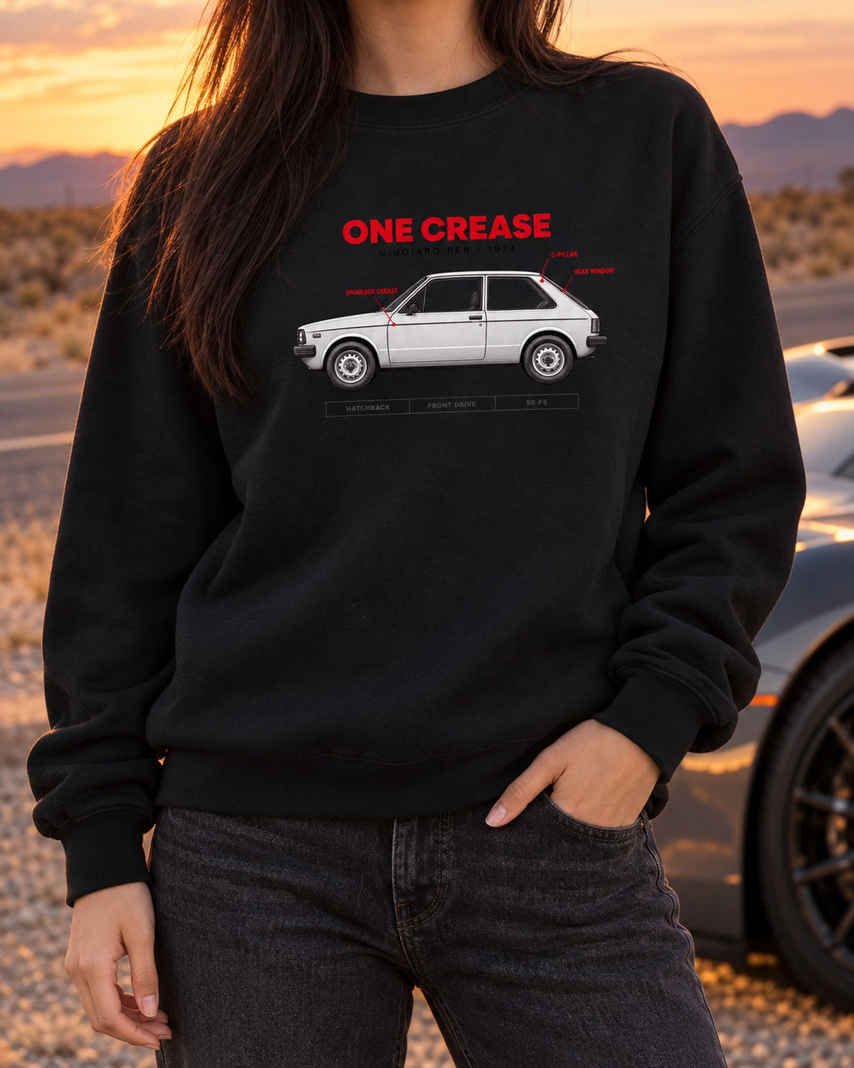 VW Golf Mk1 1974 Giugiaro Spec Poster print Shirt Crewneck Black worn hero