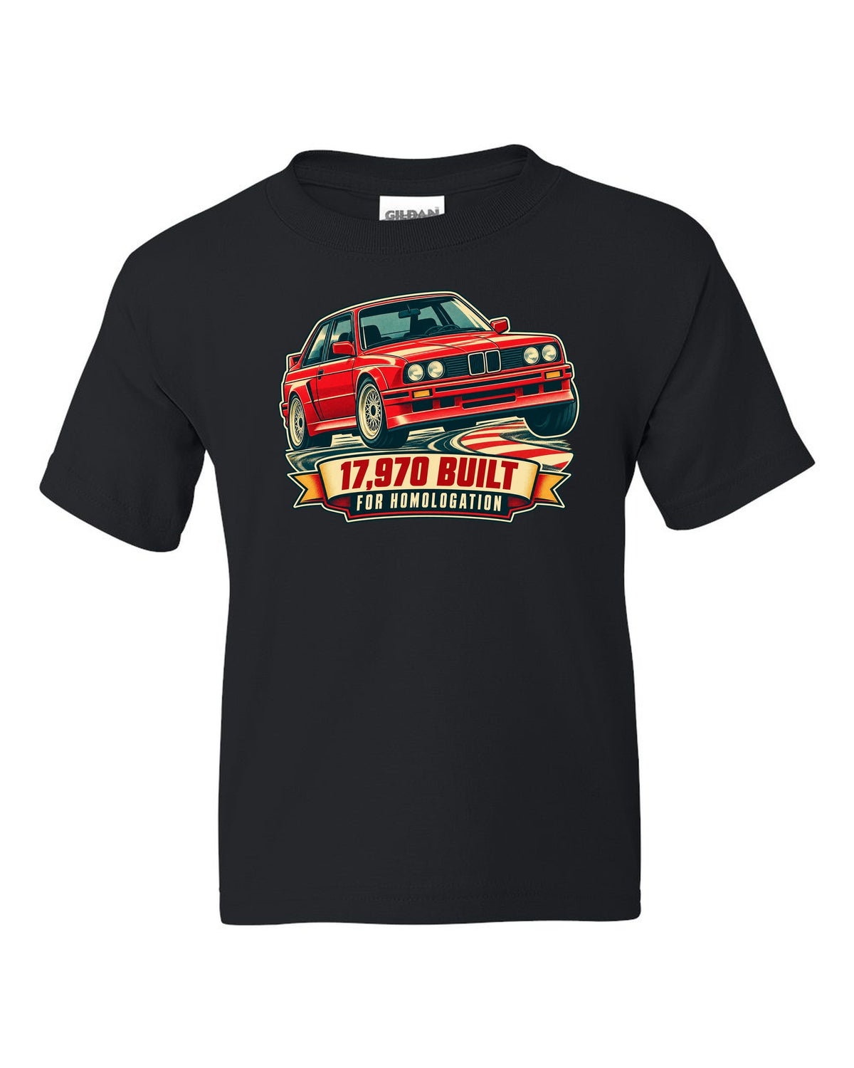 Vintage race poster print of a BMW E30 M3 at a hairpin with 17,970 built text black kids tee front view with the design