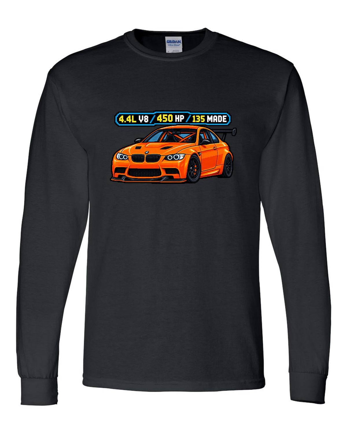 Pixel art print of an orange BMW E92 M3 GTS with 4.4L V8, 450 HP and 135 made text black long sleeve front view with the design