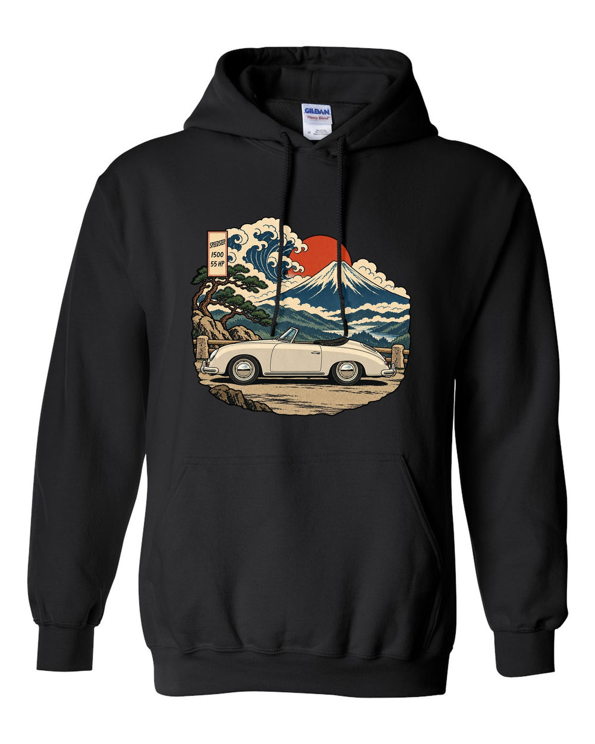 Ukiyo-e woodblock style Porsche 356 Pre-A Speedster on a mountain pass black pull over hoodie front view with the design