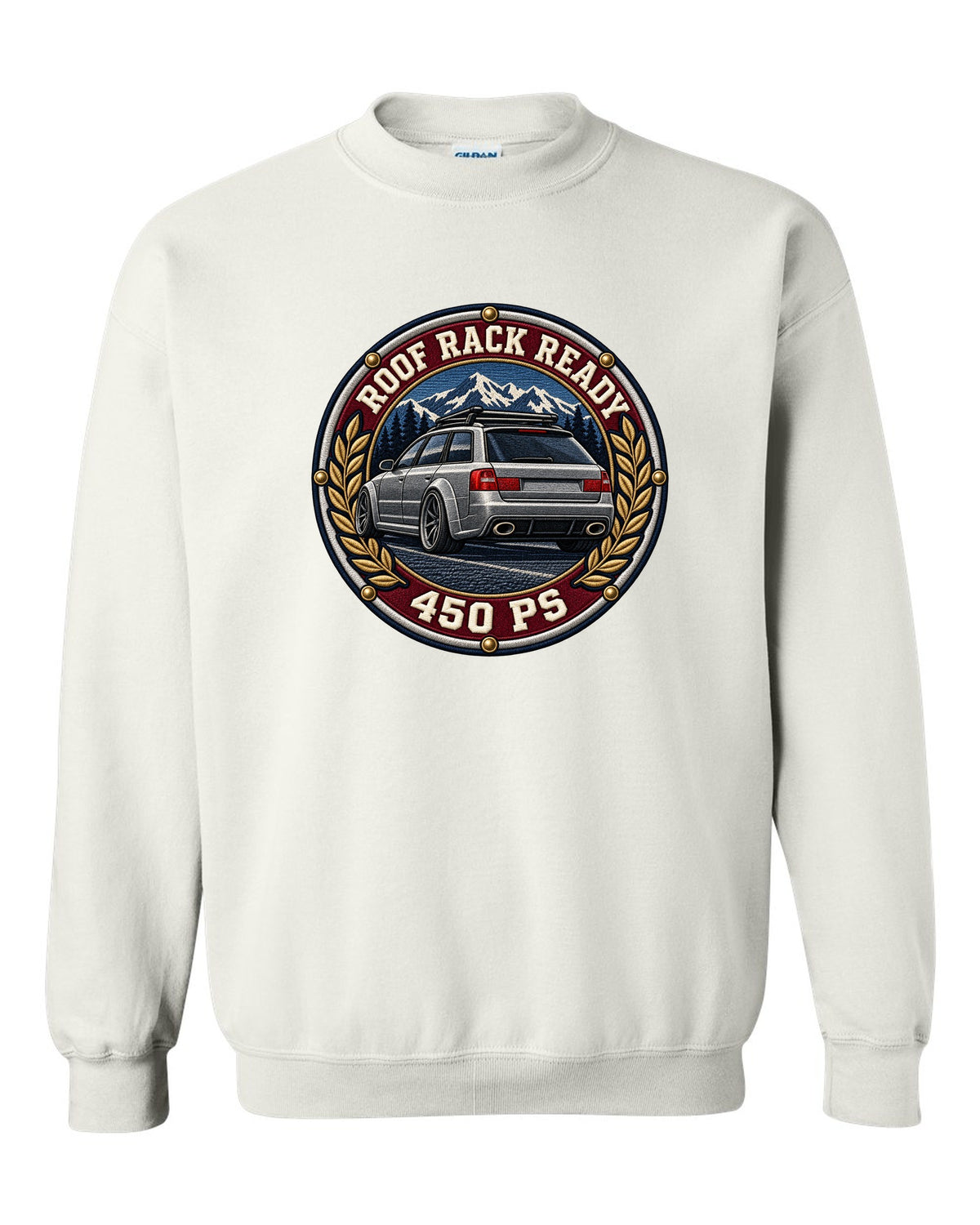 Varsity crest style print of a flared Audi RS6 Avant C5 with Roof Rack Ready text white crewneck front view with the design