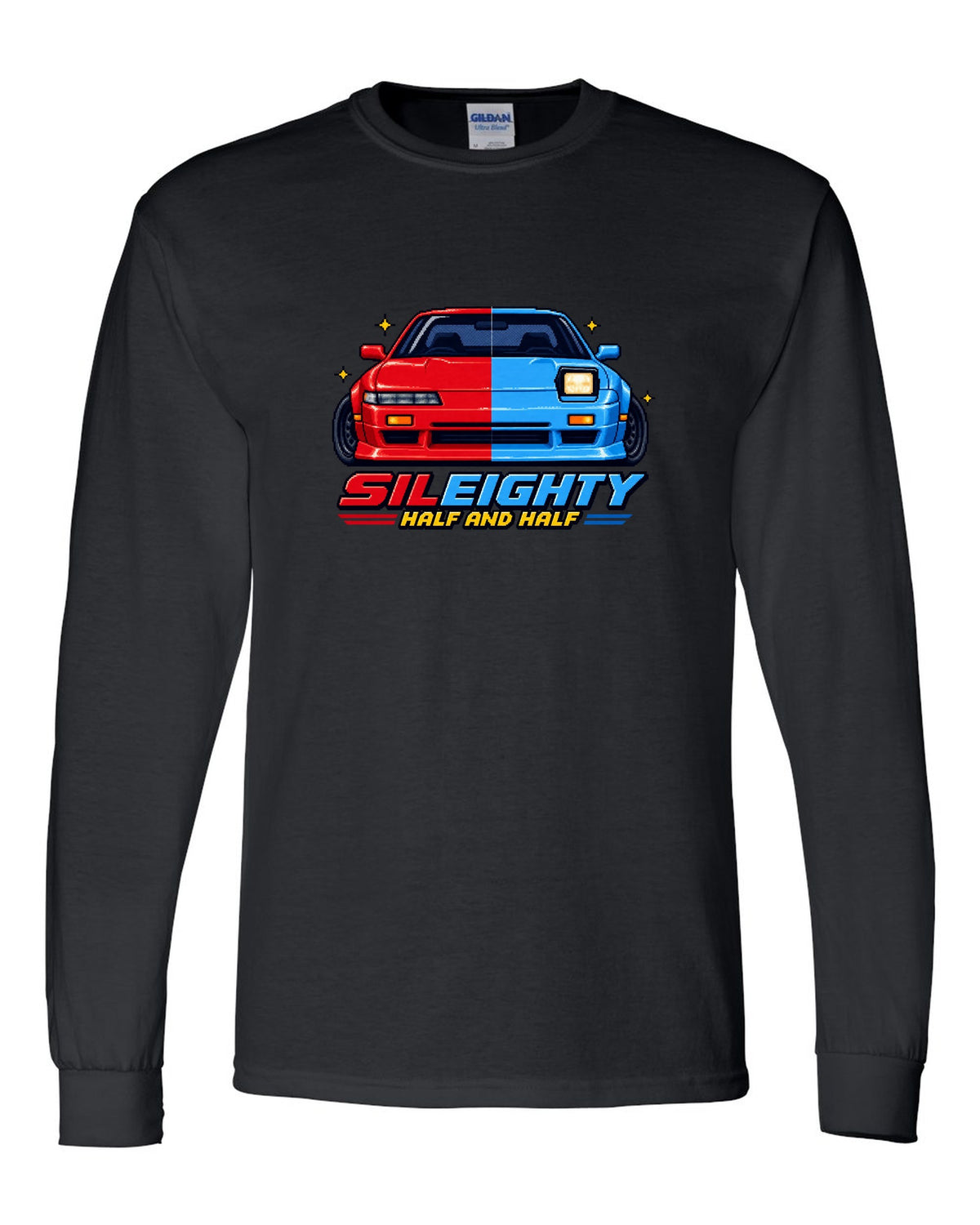 16-bit pixel art print of a Nissan Sileighty 180SX and Silvia S13 hybrid with Half and Half lettering black long sleeve front view with the design