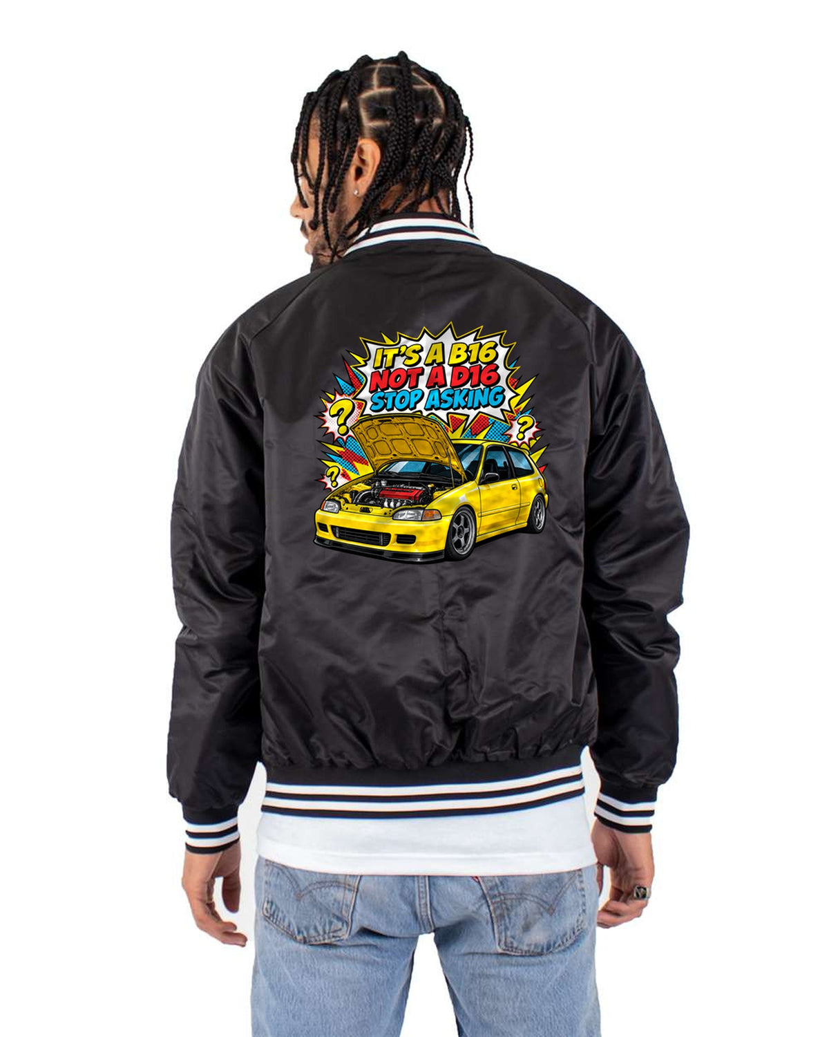 Honda Civic EG6 B16 Comic Action Shirt, My Other Car, Not a D16 Bomber Jacket Black back
