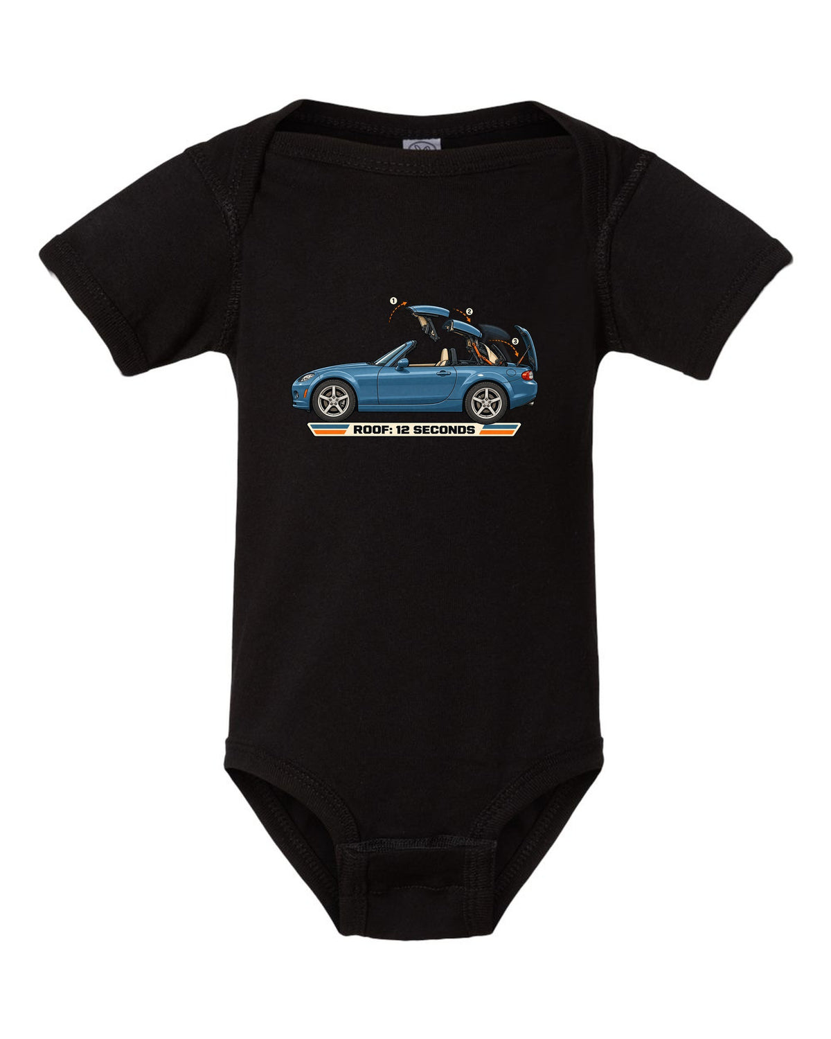 Exploded cutaway diagram of the Mazda MX-5 NC PRHT roof fold mechanism black baby onesie front view with the design