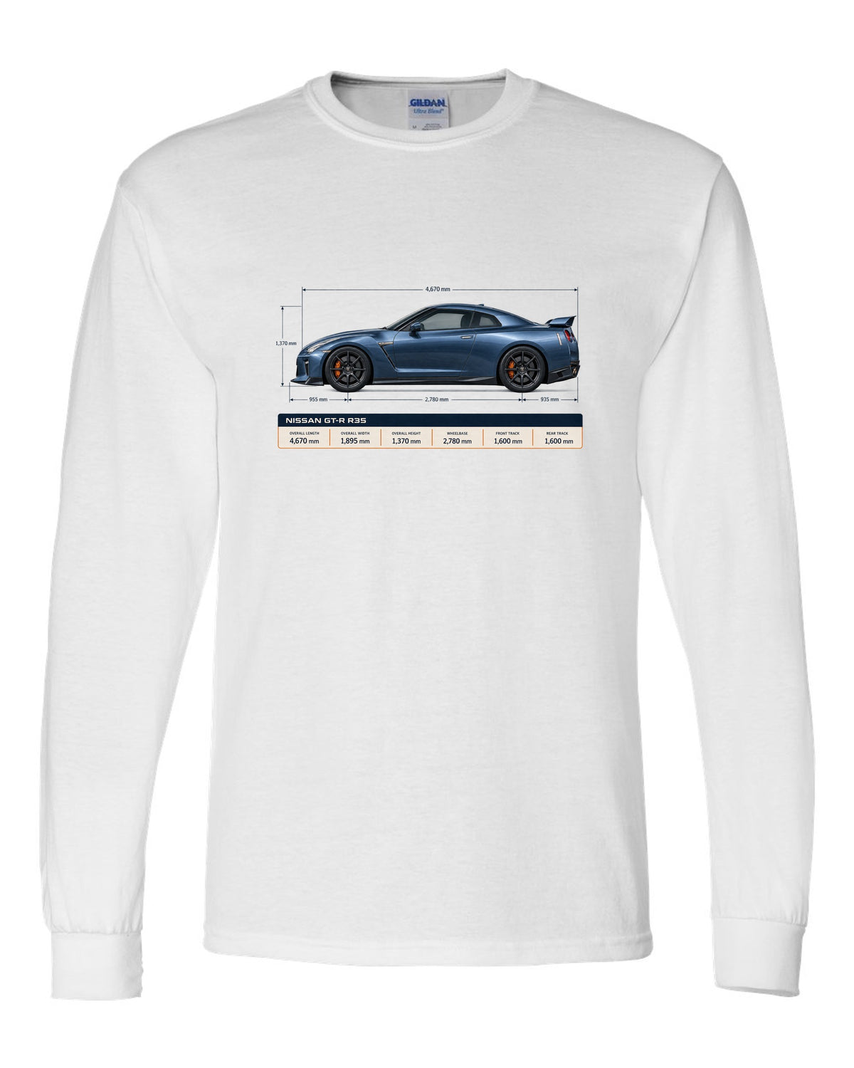 Nissan GT-R R35 Premium in gunmetal grey with an editorial headline layout white long sleeve front view with the design
