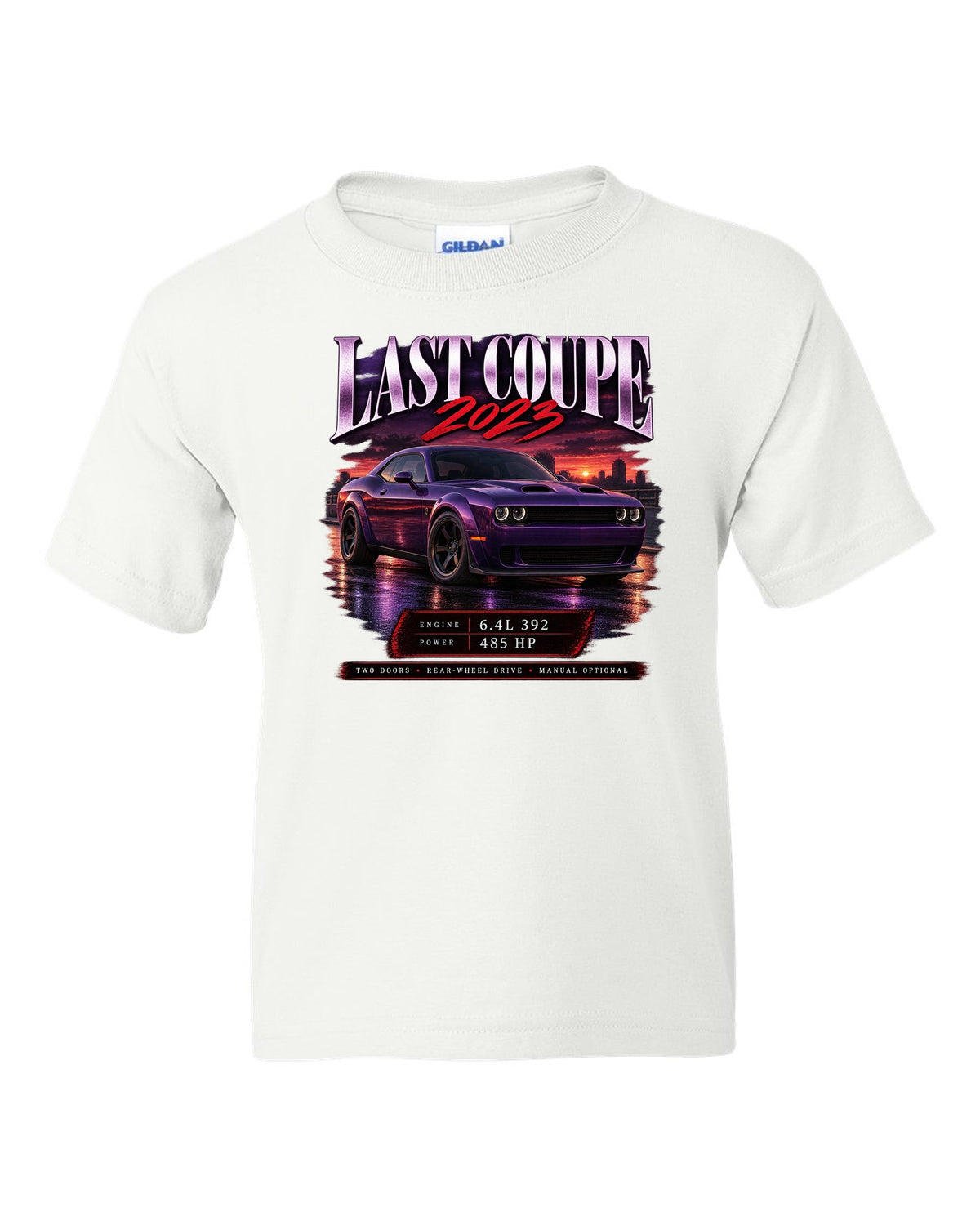 2023 Dodge Challenger Scat Pack Widebody archive panel print with last coupe lettering white kids tee front view with the design
