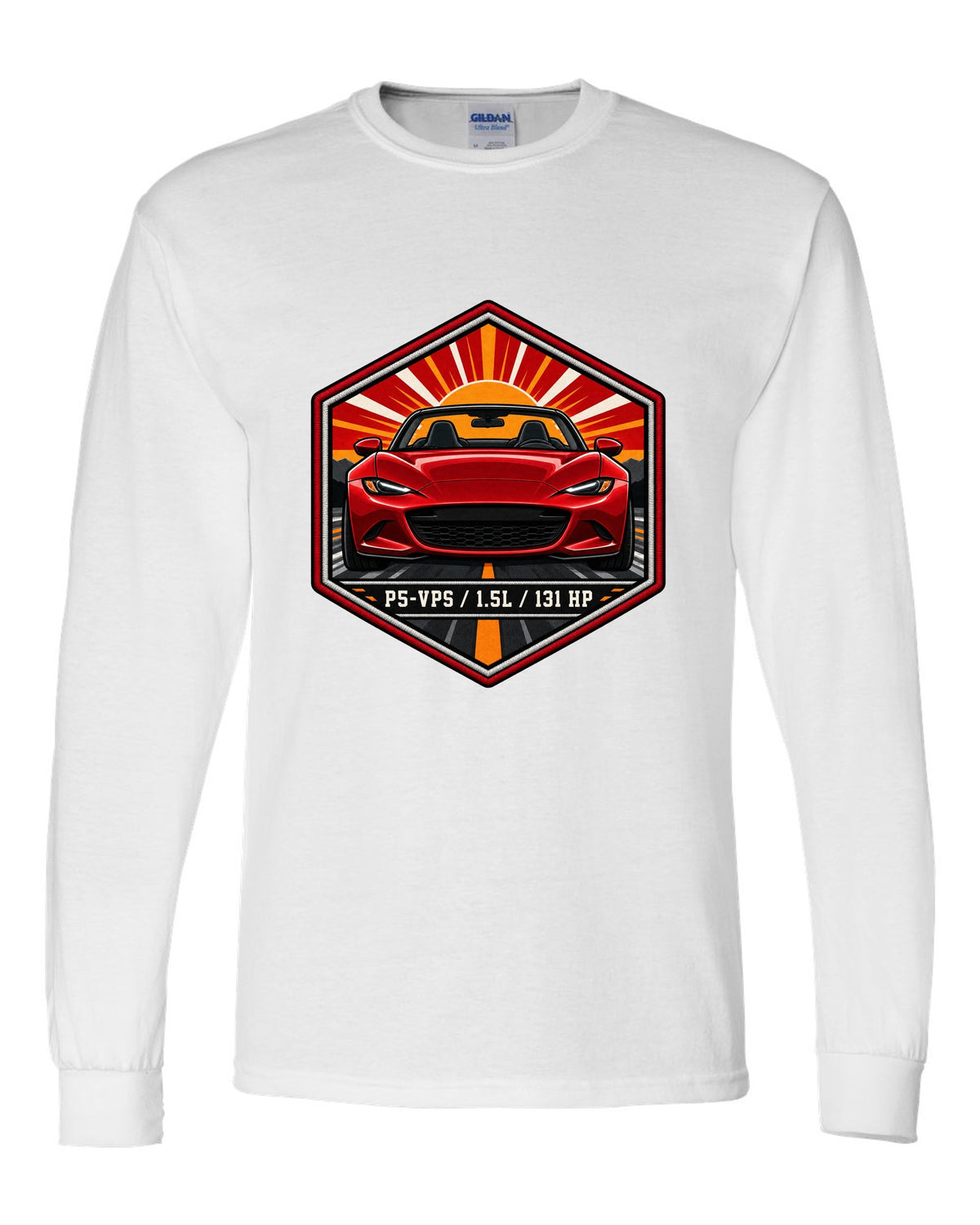 Embroidery-style hex crest of a Mazda MX-5 ND with P5-VPS 1.5L 131 HP text white long sleeve front view with the design