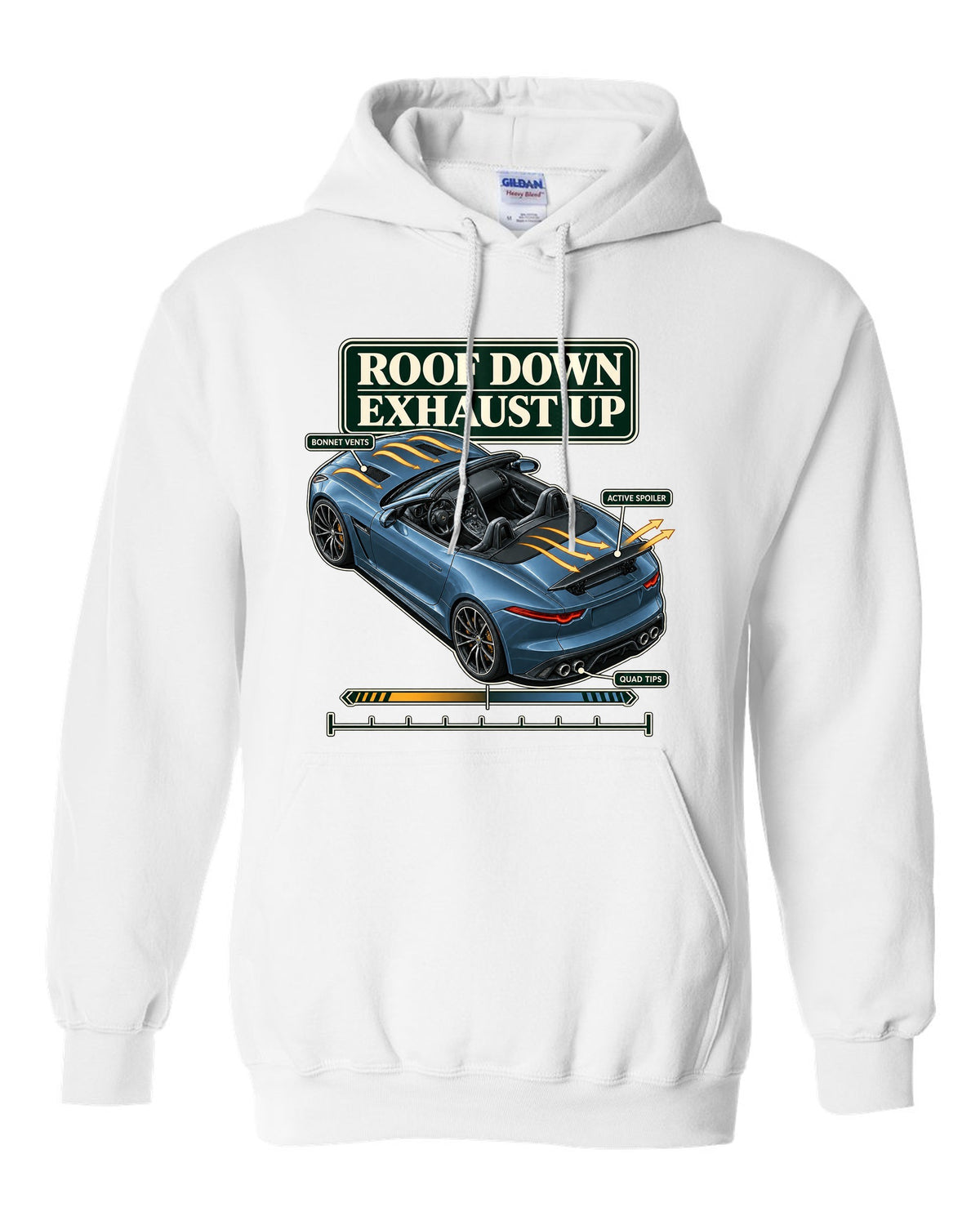 Aero cutaway callout print of the Jaguar F-Type R Convertible with roof down exhaust up text white pull over hoodie front view with the design