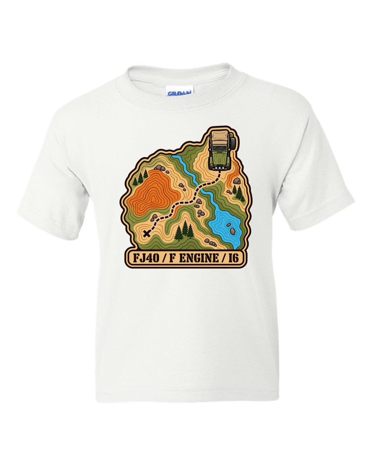 Topographic route map illustration of a Toyota Land Cruiser FJ40 with F engine I6 lettering white kids tee front view with the design