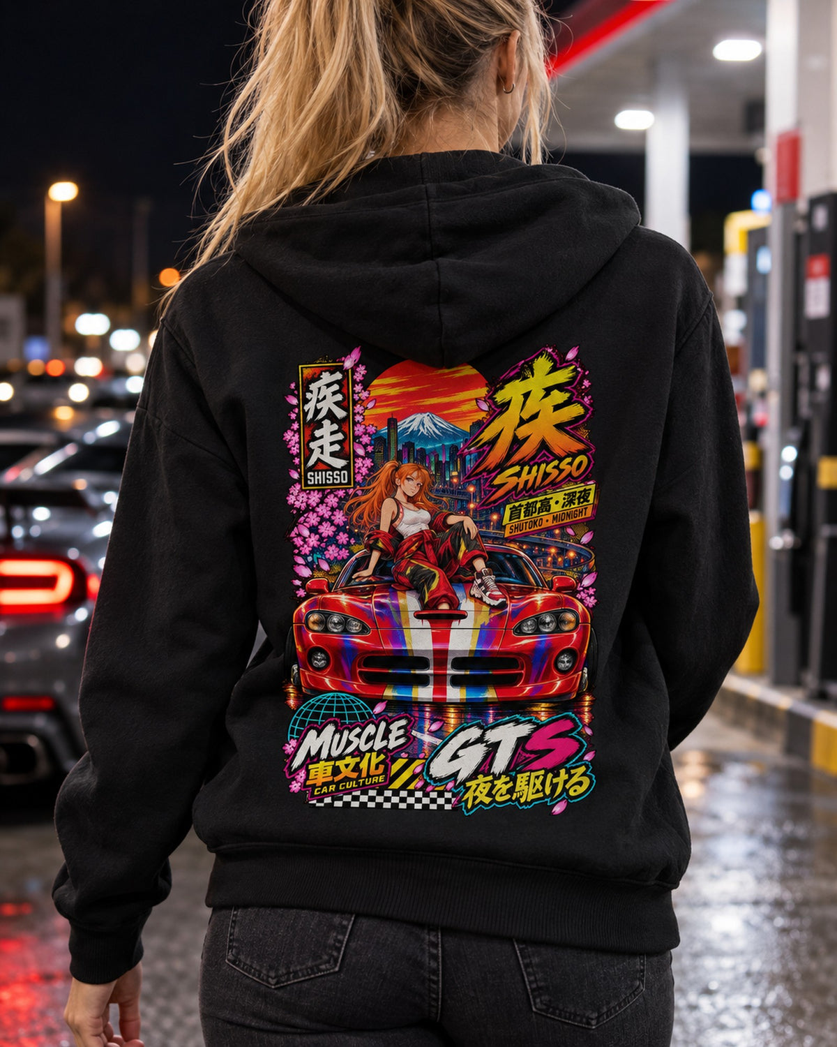 SHISSO GTS Anime Girl Full-Back Graphic Tee Zip Hoodie Black worn hero