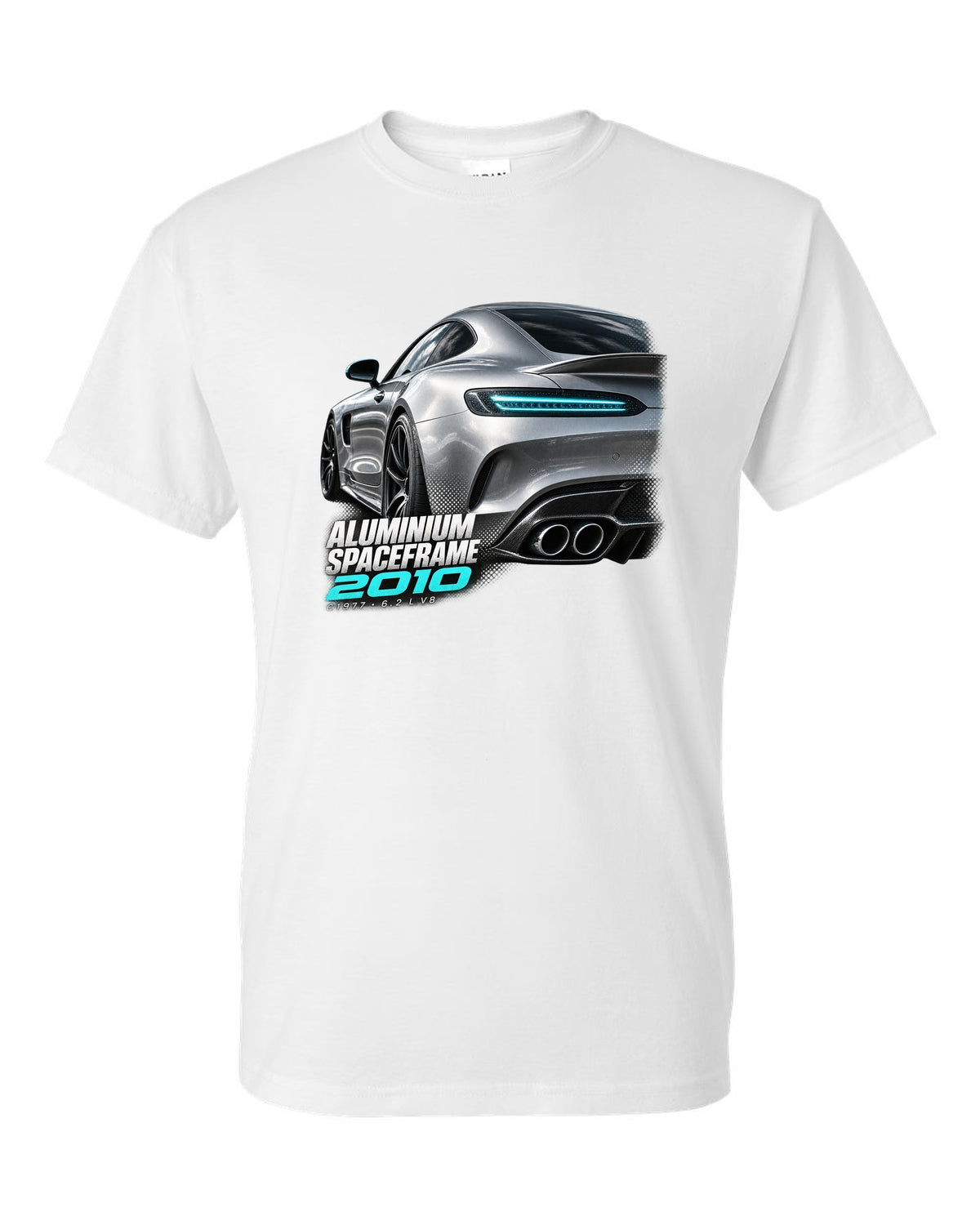 Taillight macro print of a Mercedes SLS AMG C197 with Aluminium Spaceframe 2010 lettering white t-shirt front view with the design