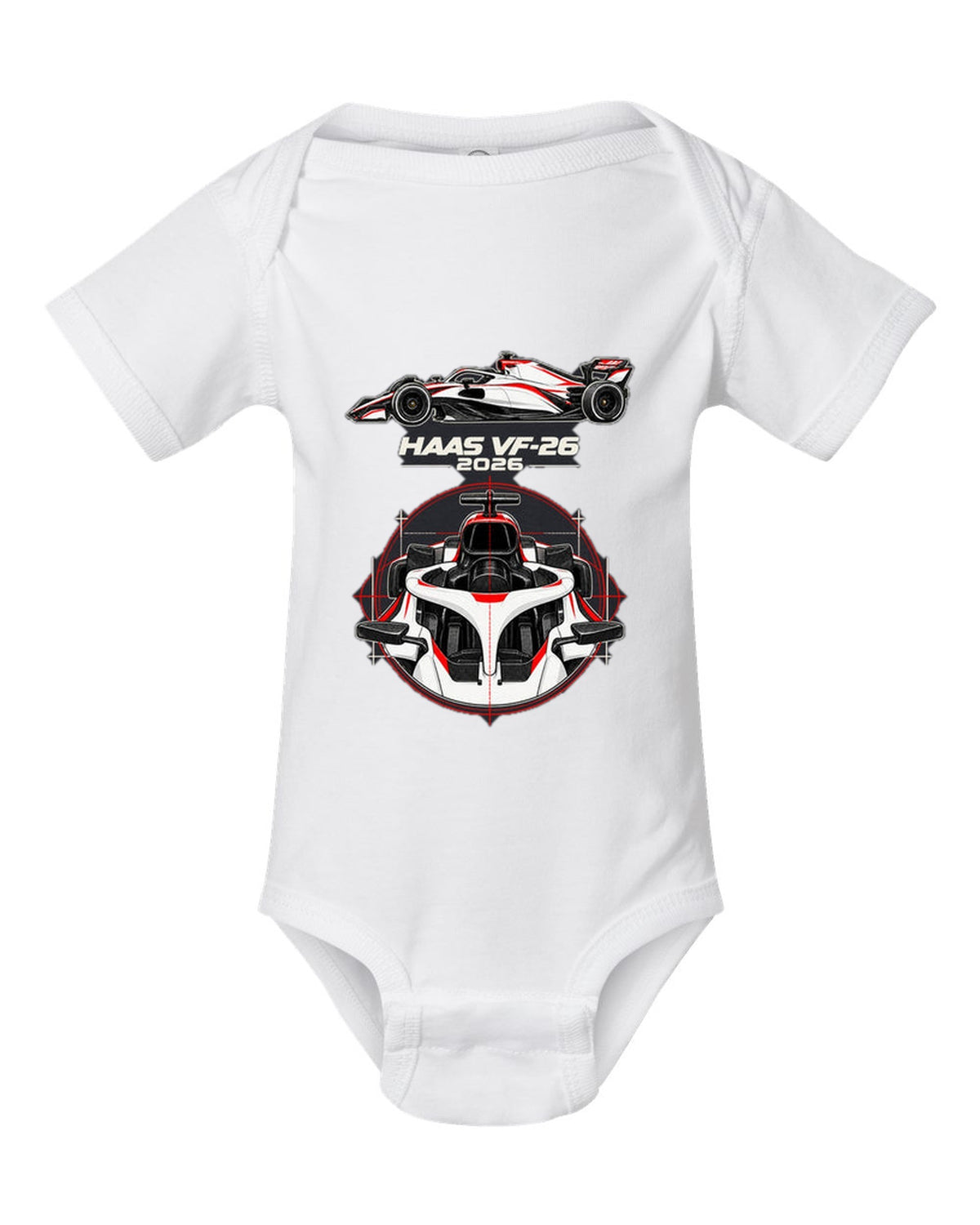 Haas VF-26 2026 F1 car technical poster artwork white baby onesie front view with the design