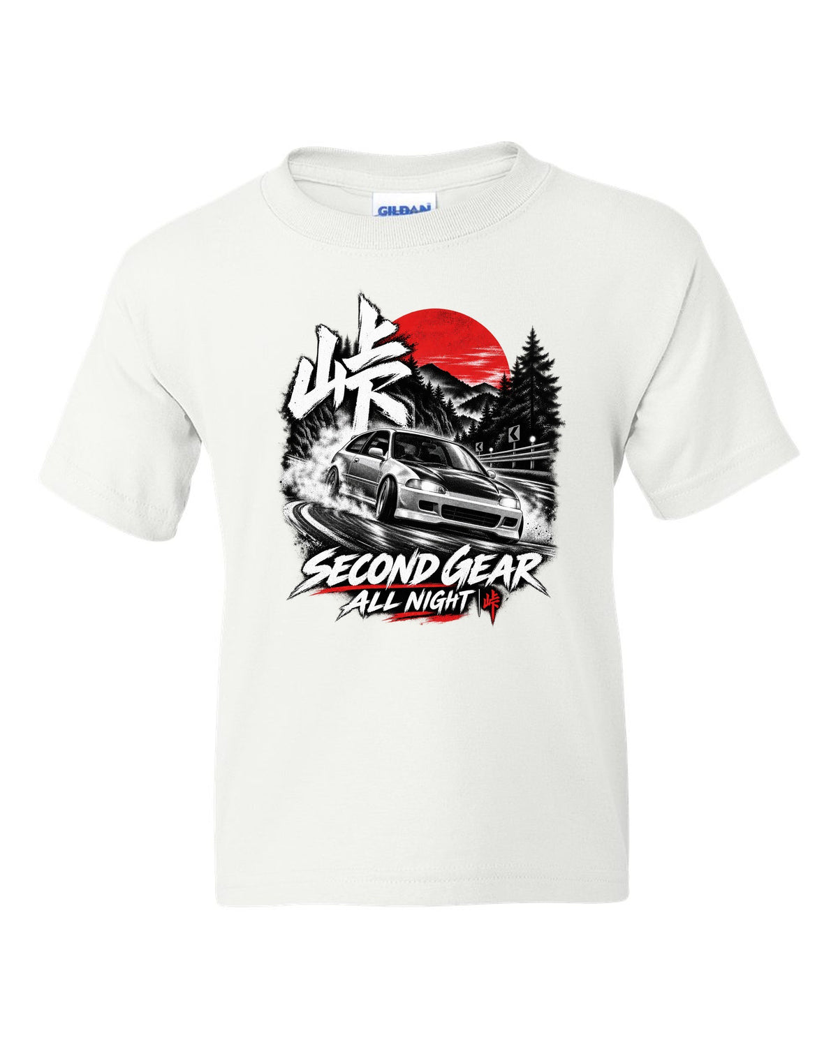 Touge night print of a 1992 Honda Civic EG6 SiR chback with second gear text white kids tee front view with the design