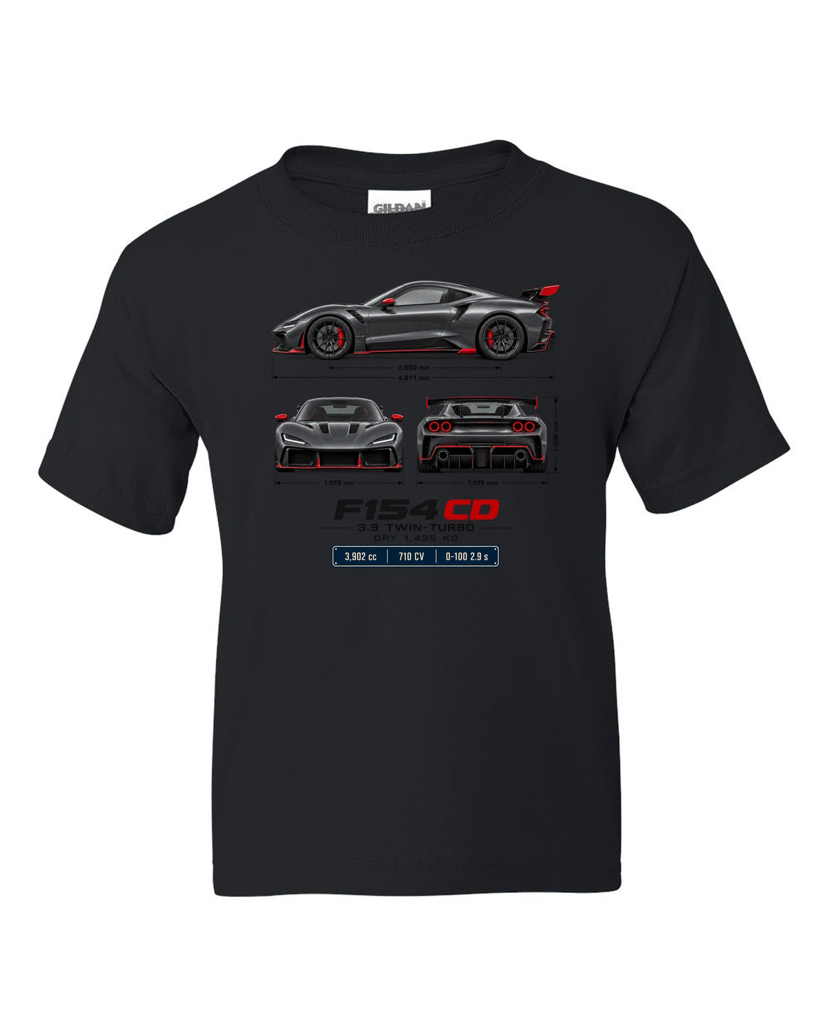 Ferrari F8 Tributo three-view spec table print with F154 CD engine code black kids tee front view with the design
