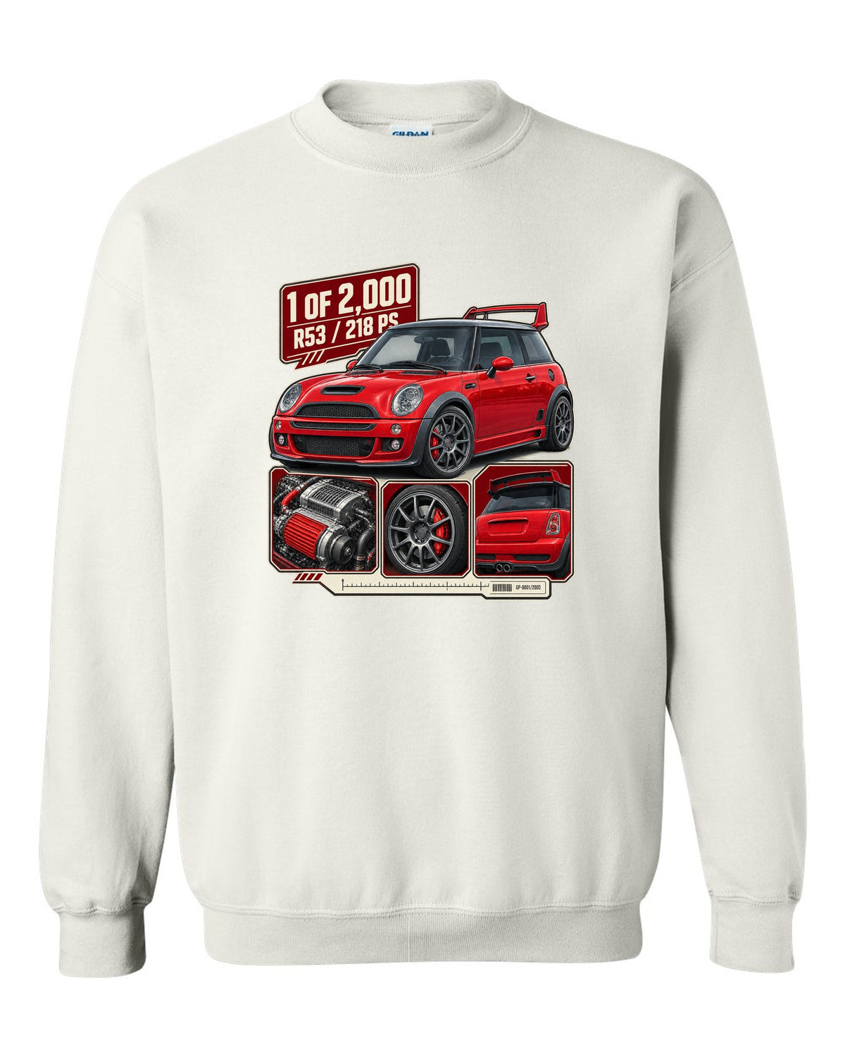 Dossier panel print for the Mini Cooper S Works GP R53 2006 showing 1 of 2,000 white crewneck front view with the design