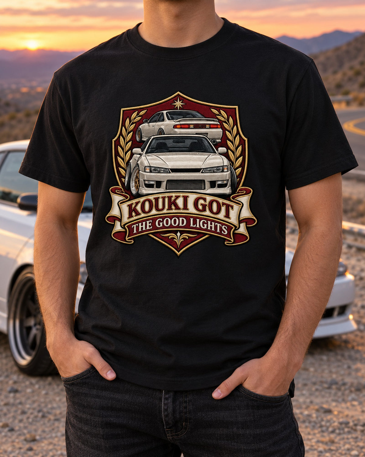 Nissan Silvia S14 Kouki Embroidered Shield Crest Shirt T-Shirt Black worn hero