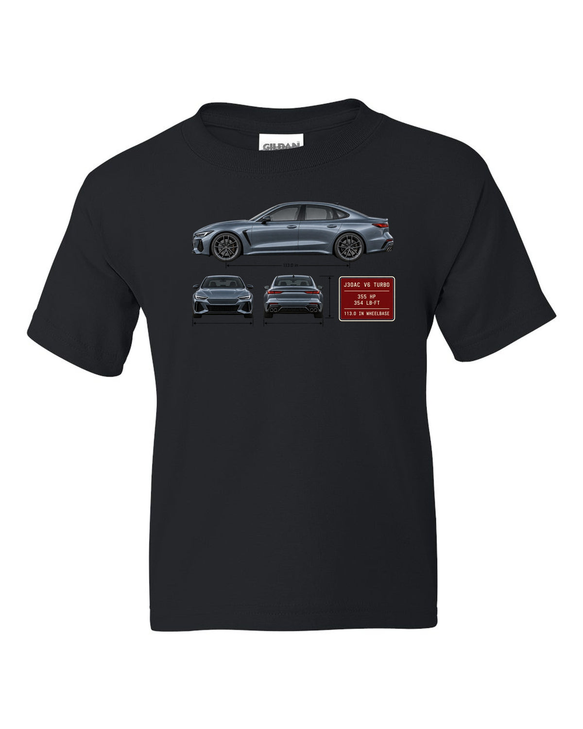 Acura TLX Type S three-view spec table print black kids tee front view with the design