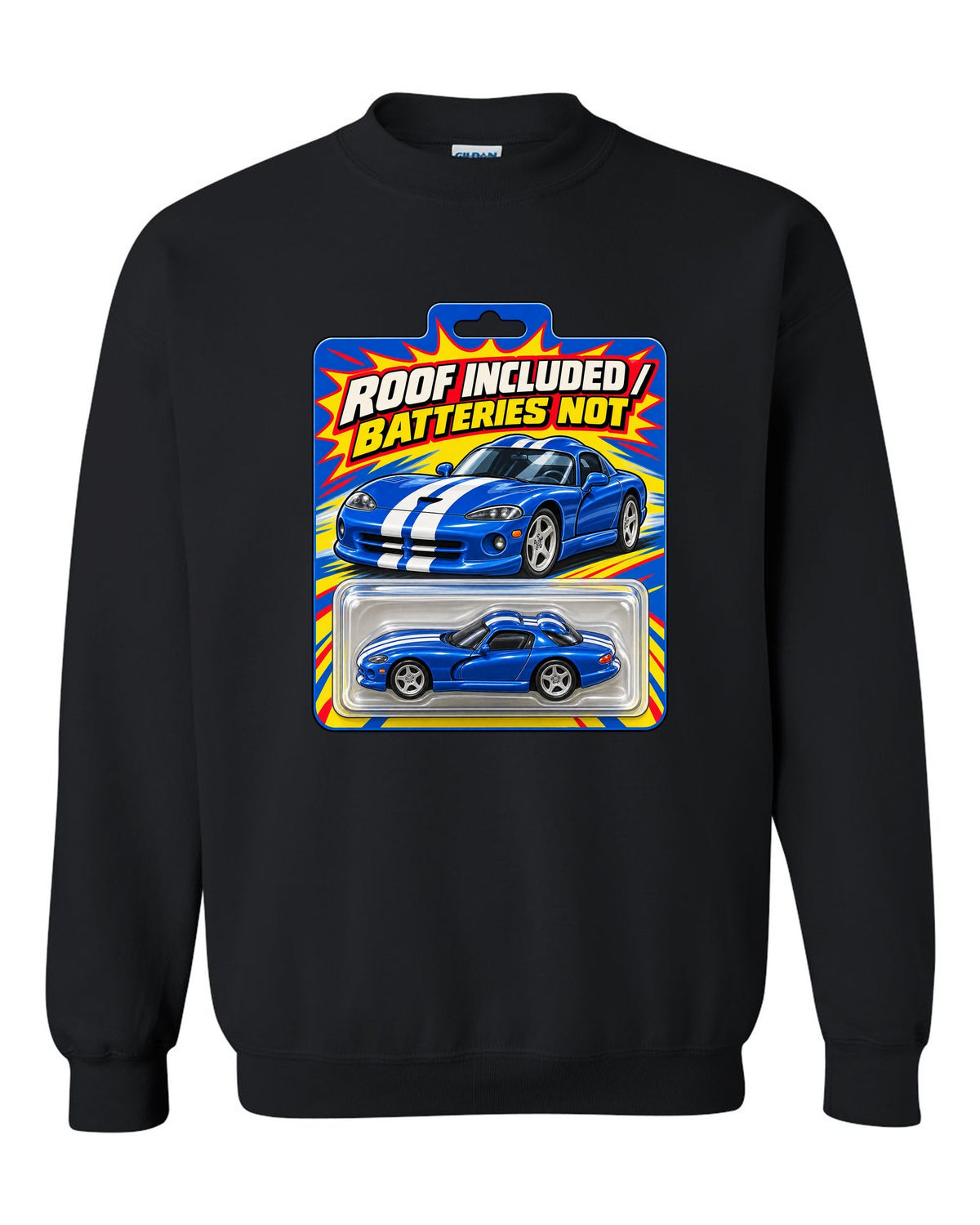 Toy blister-card layout featuring a 1996 Dodge Viper GTS SR II with roof included joke text black crewneck front view with the design