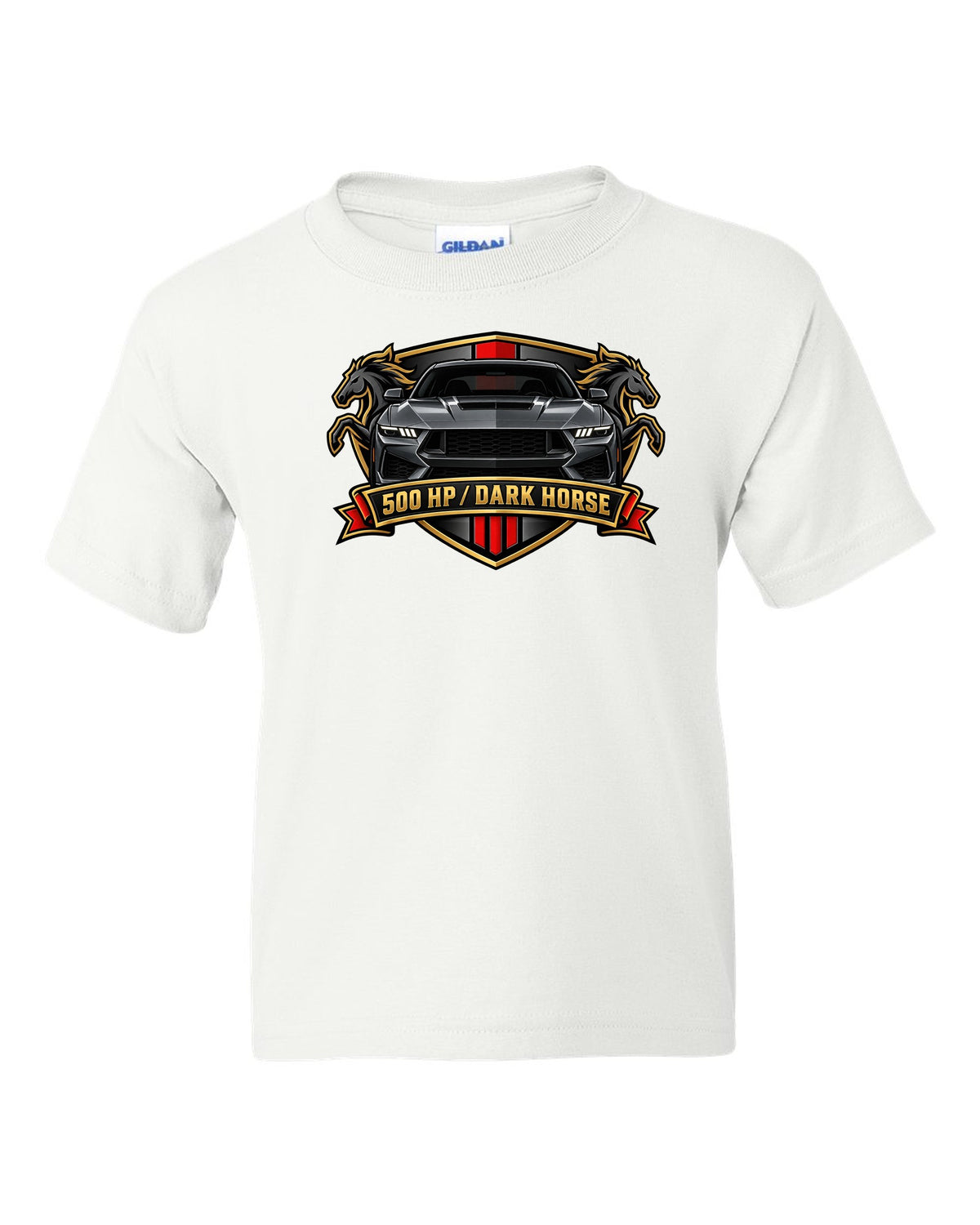 Varsity embroidery-style crest of a 2024 S650 Mustang Dark Horse reading 500 HP white kids tee front view with the design